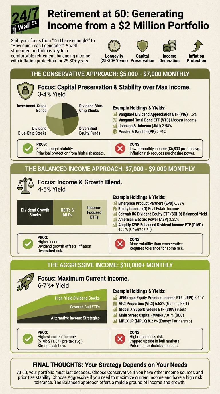 Infographic details how to generate income from a $2 million retirement portfolio using conservative, balanced, or aggressive investment approaches, showing monthly income targets, yields, and associated asset types like bonds, stocks, and ETFs.