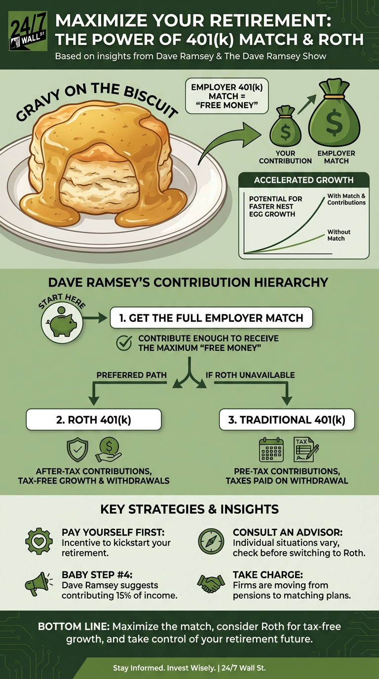 An infographic visually explaining Dave Ramsey's strategy for maximizing retirement savings, featuring a biscuit with gravy and money bags. It details a hierarchy of contributions focusing on securing employer 401(k) matches first, then prioritizing Roth 401(k) for tax-free growth.