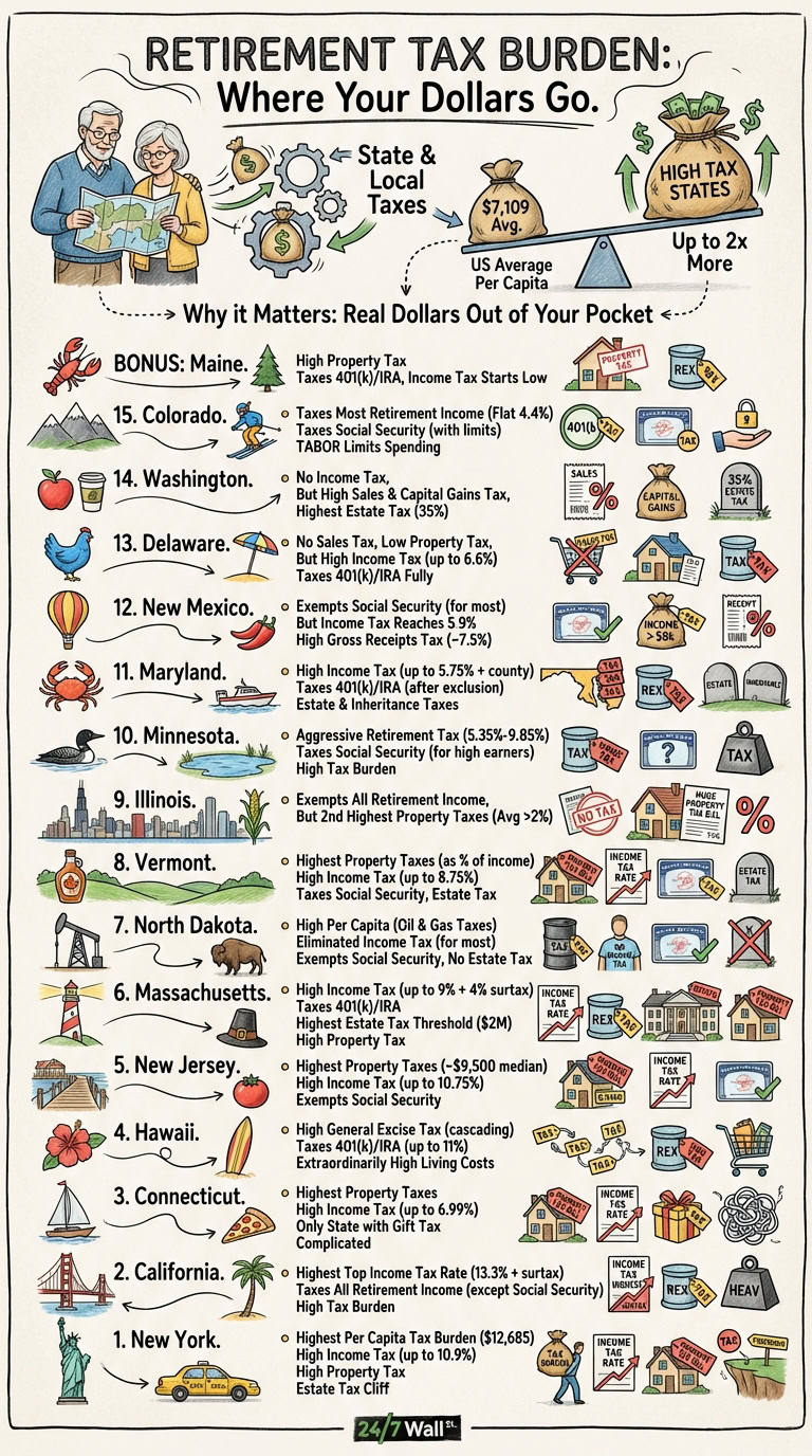 An infographic showing the retirement tax burden across US states. It depicts an elderly couple, state tax collection mechanisms, and a scale demonstrating varying tax burdens, followed by a ranked list of 15 states with icons illustrating their specific retirement tax characteristics.