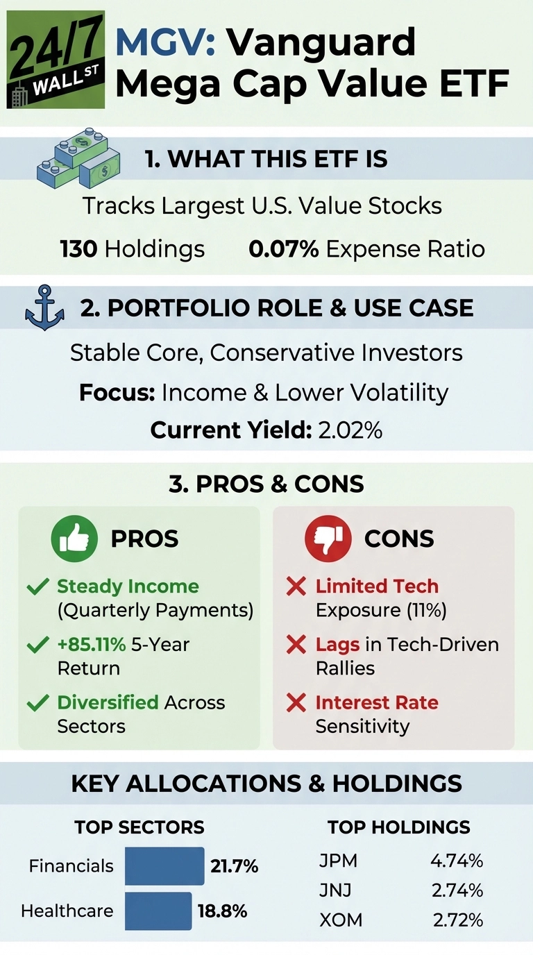 An infographic titled 'MGV: Vanguard Mega Cap Value ETF'. It is structured into several sections. Section 1, 'What This ETF Is,' states it tracks the Largest U.S. Value Stocks, has 130 Holdings, and a 0.07% Expense Ratio. Section 2, 'Portfolio Role &amp; Use Case,' indicates it is for Stable Core, Conservative Investors, with a Focus on Income &amp; Lower Volatility, and a Current Yield of 2.02%. Section 3, 'Pros &amp; Cons,' lists: Pros - Steady Income (Quarterly Payments), +85.11% 5-Year Return, Diversified Across Sectors; Cons - Limited Tech Exposure (11%), Lags in Tech-Driven Rallies, Interest Rate Sensitivity. The final section, 'Key Allocations &amp; Holdings,' shows Top Sectors: Financials 21.7% and Healthcare 18.8%, and Top Holdings: JPM 4.74%, JNJ 2.74%, and XOM 2.72%. The infographic uses a color scheme of green, light blue, and white with dark text and icons.