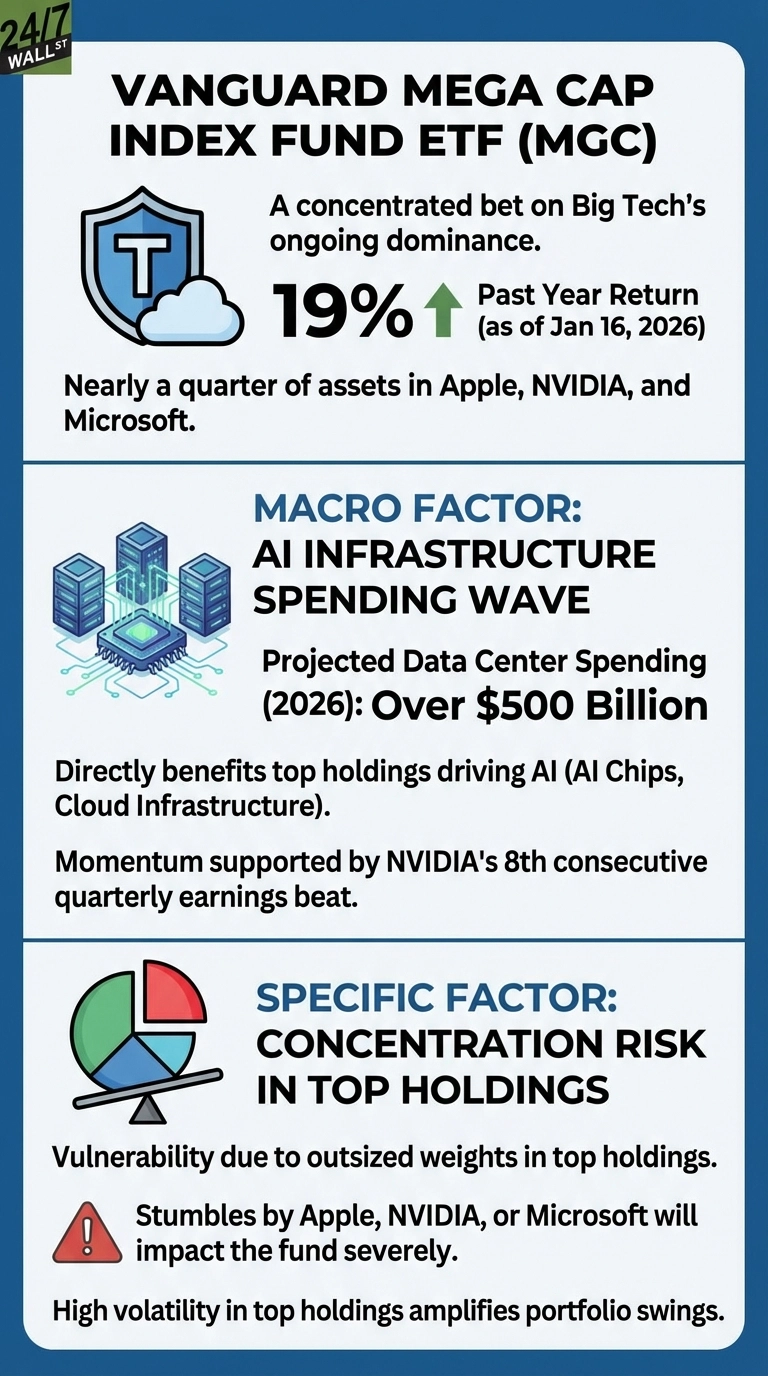 An infographic with three sections on a blue background. The top section, titled 'VANGUARD MEGA CAP INDEX FUND ETF (MGC)', features a blue shield with a 'T' and a cloud, indicating a 19% Past Year Return (as of Jan 16, 2026) and noting that nearly a quarter of assets are in Apple, NVIDIA, and Microsoft. The middle section, 'MACRO FACTOR: AI INFRASTRUCTURE SPENDING WAVE', shows server racks and a chip, detailing projected data center spending over $500 billion by 2026 and NVIDIA's 8th consecutive earnings beat. The bottom section, 'SPECIFIC FACTOR: CONCENTRATION RISK IN TOP HOLDINGS', displays a pie chart on a seesaw and a red exclamation mark, explaining vulnerability due to oversized weights in top holdings and high volatility amplifying portfolio swings.