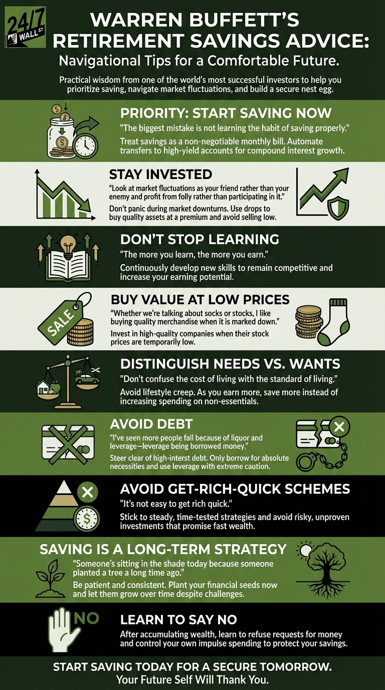 An infographic lists Warren Buffett's 8 retirement savings tips, including advice on starting early, staying invested, learning, buying value, distinguishing needs from wants, avoiding debt and quick schemes, and long-term saving, each with a corresponding icon.