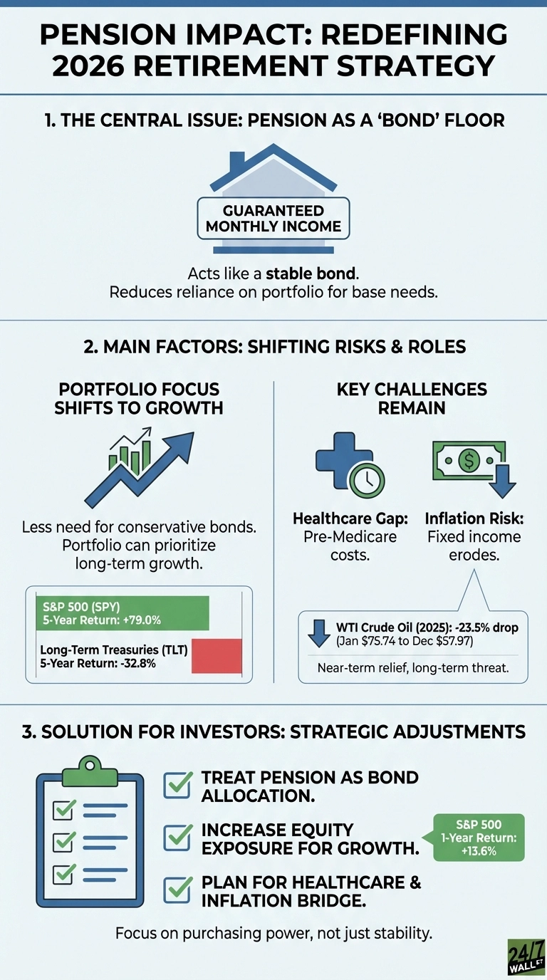 Infographic titled 'PENSION IMPACT: REDEFINING 2026 RETIREMENT STRATEGY'. Section 1, 'THE CENTRAL ISSUE: PENSION AS A 'BOND' FLOOR', shows a house icon with 'GUARANTEED MONTHLY INCOME' and text explaining it acts like a stable bond to reduce reliance on the portfolio for base needs. Section 2, 'MAIN FACTORS: SHIFTING RISKS &amp; ROLES', is divided. 'PORTFOLIO FOCUS SHIFTS TO GROWTH' has an upward trending chart icon, text about prioritizing long-term growth, and a bar chart showing S&amp;P 500 (SPY) 5-Year Return +79.0% (green) and Long-Term Treasuries (TLT) 5-Year Return -32.8% (red). 'KEY CHALLENGES REMAIN' shows icons for Healthcare Gap (Pre-Medicare costs) and Inflation Risk (Fixed income erodes), plus a note about WTI Crude Oil (2025) a -23.5% drop from January $75.74 to December $57.97. Section 3, 'SOLUTION FOR INVESTORS: STRATEGIC ADJUSTMENTS', lists three checked recommendations: Treat pension as bond allocation, increase equity exposure for growth, and plan for healthcare &amp; inflation bridge. It includes an S&amp;P 500 1-Year Return of +13.6% and a concluding statement to focus on purchasing power.