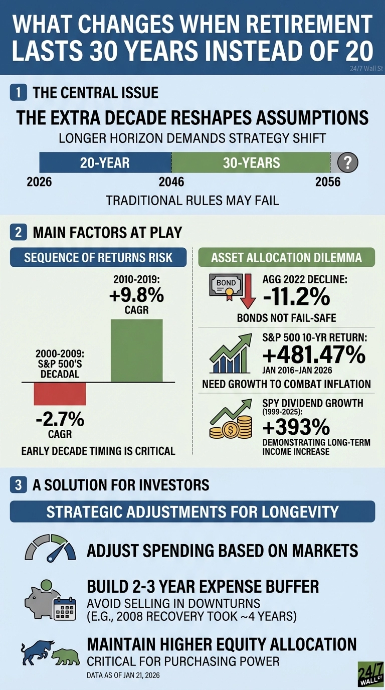 An infographic titled 'WHAT CHANGES WHEN RETIREMENT LASTS 30 YEARS INSTEAD OF 20'. It is divided into three sections: '1 THE CENTRAL ISSUE', '2 MAIN FACTORS AT PLAY', and '3 A SOLUTION FOR INVESTORS'. Section 1 shows a timeline comparing a 20-year retirement (2026-2046) and a 30-year retirement (2026-2056), stating 'LONGER HORIZON DEMANDS STRATEGY SHIFT'. Section 2, 'MAIN FACTORS AT PLAY', has two sub-sections. 'SEQUENCE OF RETURNS RISK' displays a bar chart with S&amp;P 500 decadal CAGR: -2.7% for 2000-2009 (red bar) and +9.8% for 2010-2019 (green bar). 'ASSET ALLOCATION DILEMMA' shows three icons with associated data: A bond icon with AGG 2022 decline -11.2%; a bar chart icon with S&amp;P 500 10-year return +481.47% (Jan 2016-Jan 2026); and a coins icon with SPY dividend growth +393% (1999-2025). Section 3, 'A SOLUTION FOR INVESTORS', lists three strategic adjustments: 'ADJUST SPENDING BASED ON MARKETS', 'BUILD 2-3 YEAR EXPENSE BUFFER', and 'MAINTAIN HIGHER EQUITY ALLOCATION'. The infographic uses dark blue, light blue, green, red, and white colors, with data current as of January 21, 2026.