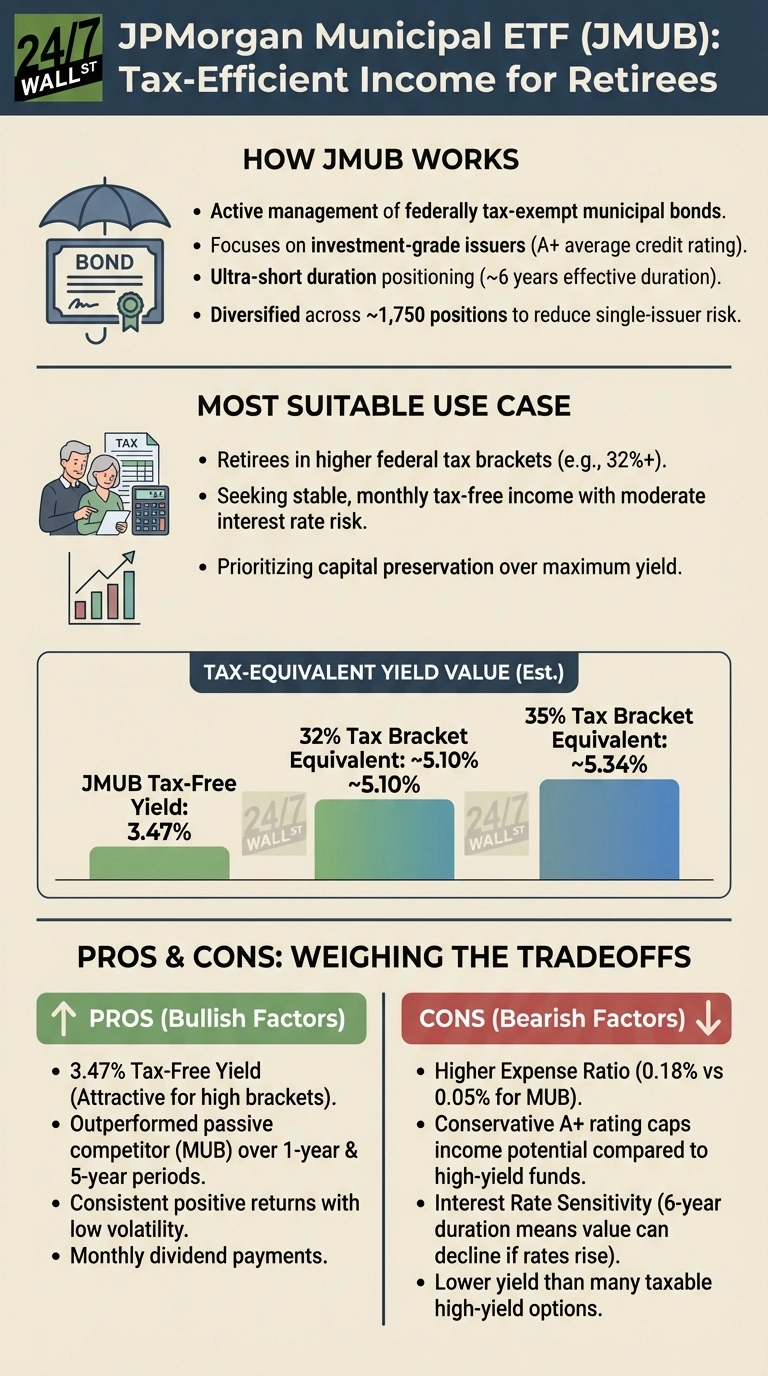 An infographic titled 'JPMorgan Municipal ETF (JMUB): Tax-Efficient Income for Retirees' on a dark blue and light beige background. It outlines how JMUB works, including active management of tax-exempt municipal bonds and diversification. It lists suitable use cases for retirees in high federal tax brackets. A bar chart section, 'TAX-EQUIVALENT YIELD VALUE (Est.)', displays JMUB's 3.47% tax-free yield, equivalent to ~5.10% for a 32% tax bracket and ~5.34% for a 35% tax bracket. The final section, 'PROS &amp; CONS: WEIGHING THE TRADEOFFS', is divided into two columns: 'PROS (Bullish Factors)' in green, listing advantages like 3.47% tax-free yield and monthly dividends; and 'CONS (Bearish Factors)' in red, detailing disadvantages such as a higher expense ratio, conservative rating limits, interest rate sensitivity, and lower yield compared to some taxable options.