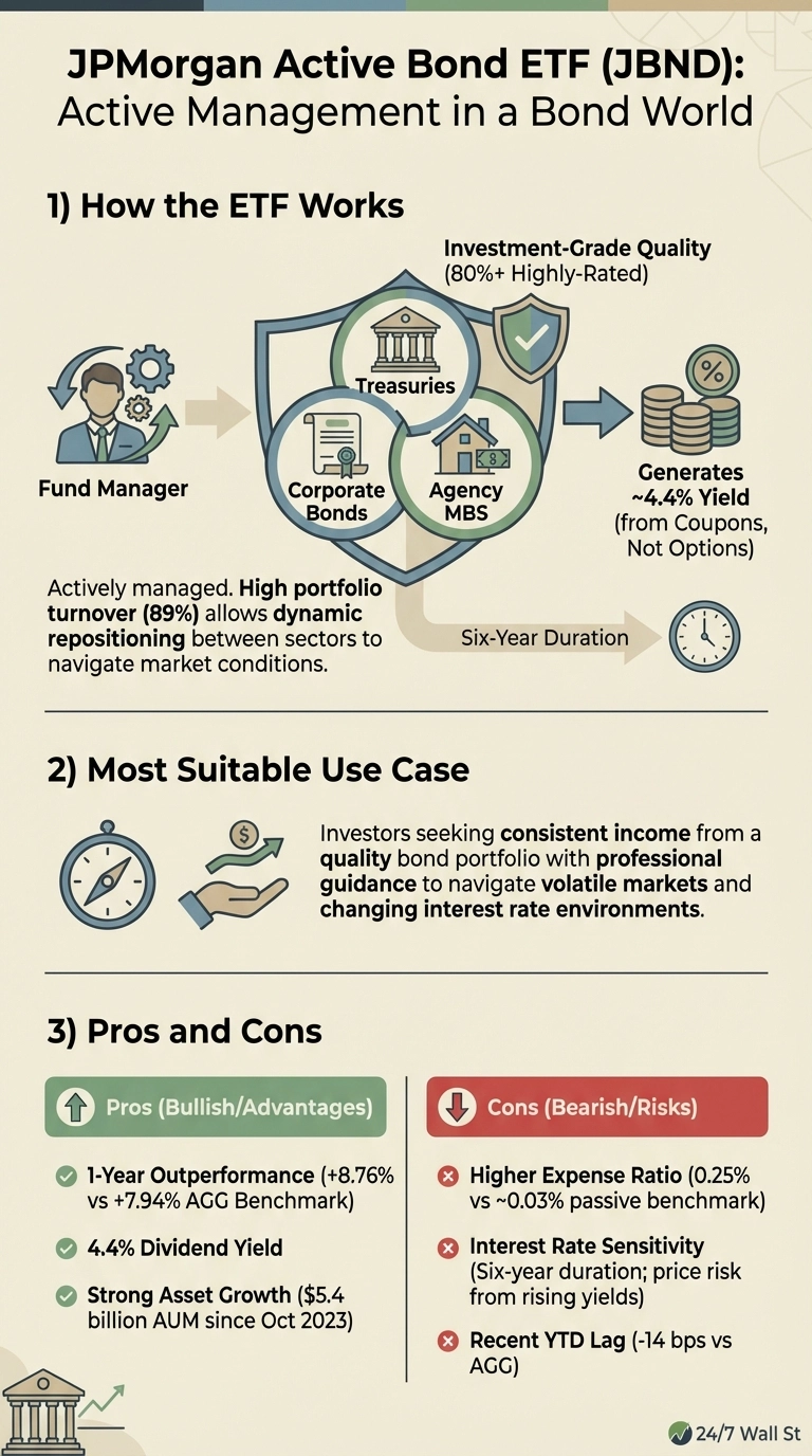 An infographic titled 'JPMorgan Active Bond ETF (JBND): Active Management in a Bond World'. It is divided into three sections on a cream background. Section 1, 'How the ETF Works', shows a Fund Manager icon flowing into a shield containing icons for Treasuries, Corporate Bonds, and Agency MBS, noting 'Investment-Grade Quality (80%+ Highly-Rated)'. This leads to a stack of coins generating '~4.4% Yield (from Coupons, Not Options)'. Text below states the ETF is 'Actively managed. High portfolio turnover (89%) allows dynamic repositioning between sectors to navigate market conditions.' and has a 'Six-Year Duration', indicated by a clock icon. Section 2, 'Most Suitable Use Case', displays a compass and money bag icon, describing it for 'Investors seeking consistent income from a quality bond portfolio with professional guidance to navigate volatile markets and changing interest rate environments.'. Section 3, 'Pros and Cons', features a green box for 'Pros (Bullish/Advantages)' listing '1-Year Outperformance (+8.76% vs +7.94% AGG Benchmark)', '4.4% Dividend Yield', and 'Strong Asset Growth ($5.4 billion AUM since Oct 2023)'. A red box for 'Cons (Bearish/Risks)' lists 'Higher Expense Ratio (0.25% vs ~0.03% passive benchmark)', 'Interest Rate Sensitivity (Six-year duration; price risk from rising yields)', and 'Recent YTD Lag (-14 bps vs AGG)'.