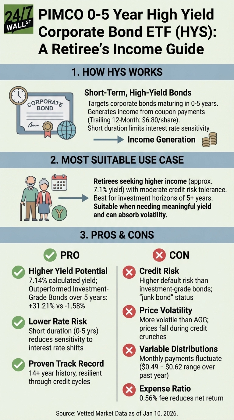 An infographic titled 'PIMCO 0-5 Year High Yield Corporate Bond ETF (HYS): A Retiree's Income Guide'. The graphic is divided into three main sections. Section 1, 'How HYS Works', explains it targets short-term, high-yield corporate bonds maturing in 0-5 years, generating income from coupon payments ($6.80/share trailing 12-month) and limiting interest rate sensitivity. It features an icon of a corporate bond certificate, a clock, a globe, and coins representing income generation. Section 2, 'Most Suitable Use Case', indicates it's for retirees seeking higher income (approx. 7.1% yield) with moderate credit risk tolerance, for investment horizons of 5+ years, and who can absorb volatility. It includes icons of an elderly couple, a calendar, and a 'Y' symbol. Section 3, 'Pros &amp; Cons', lists three pros with green checkmarks: 'Higher Yield Potential' (7.14% calculated yield, outperformed Investment-Grade Bonds over 5 years by +31.21% vs -1.58%), 'Lower Rate Risk' (short duration 0-5 years), and 'Proven Track Record' (14+ year history). It lists four cons with red 'X' marks: 'Credit Risk' (higher default risk, 'junk bond' status), 'Price Volatility' (more volatile than AGG, prices fall during credit crunches), 'Variable Distributions' (monthly payments fluctuate $0.49-$0.62 over past year), and 'Expense Ratio' (0.56% fee). Source: Vetted Market Data as of Jan 10, 2026.