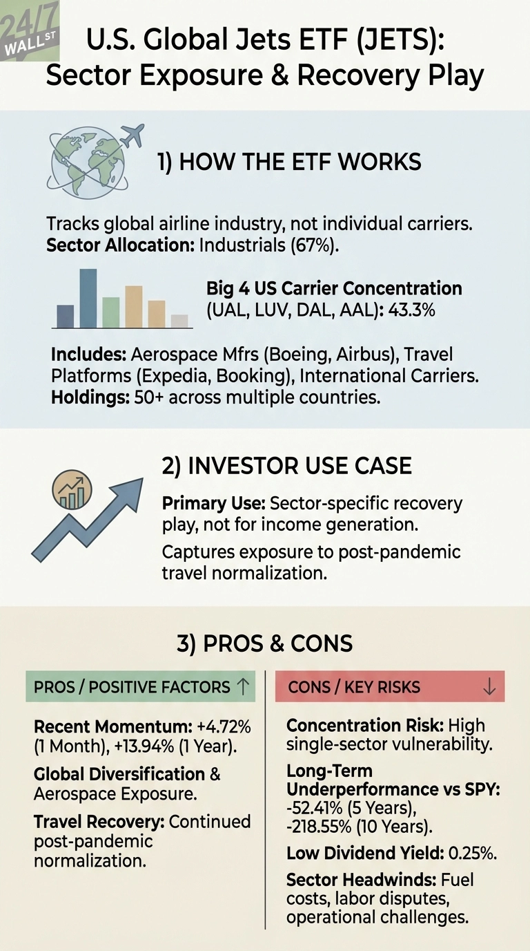 An infographic titled 'U.S. Global Jets ETF (JETS): Sector Exposure &amp; Recovery Play'. Section 1, 'HOW THE ETF WORKS', features a globe and airplane icon, describing JETS as tracking the global airline industry with 67% Industrials allocation. A bar chart illustrates the 43.3% concentration in top 4 US carriers (UAL, LUV, DAL, AAL). It also lists included sectors like Aerospace Mfrs and Travel Platforms. Section 2, 'INVESTOR USE CASE', shows a rising graph arrow icon, explaining JETS as a sector-specific recovery play for post-pandemic travel. Section 3, 'PROS &amp; CONS', is divided into two columns. 'PROS / POSITIVE FACTORS' highlights recent momentum (+4.72% 1 Month, +13.94% 1 Year), global diversification, and travel recovery. 'CONS / KEY RISKS' lists concentration risk, long-term underperformance versus SPY (-52.41% 5 Years, -218.55% 10 Years), low dividend yield (0.25%), and sector headwinds.