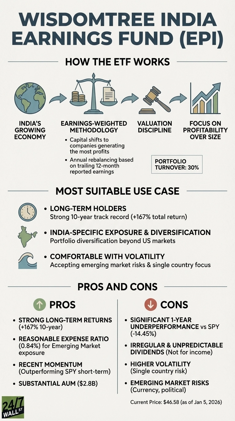 An infographic titled 'WisdomTree India Earnings Fund (EPI)'. The first section, 'How The ETF Works', illustrates the process with icons: a globe for India's growing economy, scales for the Earnings-Weighted Methodology (capital shifts to companies generating most profits, annual rebalancing based on trailing 12-month reported earnings), a gavel for Valuation Discipline, and an ascending bar chart for Focus on Profitability Over Size. A box notes 'Portfolio Turnover: 30%'. The next section, 'Most Suitable Use Case', lists bullet points: a clock for Long-Term Holders (Strong 10-year track record +167% total return), a map of India for India-Specific Exposure &amp; Diversification (Portfolio diversification beyond US markets), and a wave for Comfortable With Volatility (Accepting emerging market risks &amp; single country focus). The final section, 'Pros And Cons', is split. 'Pros' with a green upward arrow lists: Strong Long-Term Returns (+167% 10-year), Reasonable Expense Ratio (0.84% for Emerging Market exposure), Recent Momentum (Outperforming SPY short-term), and Substantial AUM ($2.8B). 'Cons' with a red downward arrow lists: Significant 1-Year Underperformance vs SPY (-14.45%), Irregular &amp; Unpredictable Dividends (Not for income), Higher Volatility (Single country risk), and Emerging Market Risks (Currency, political). At the bottom, 'Current Price: $46.58 (as of Jan 5, 2026)' is displayed.