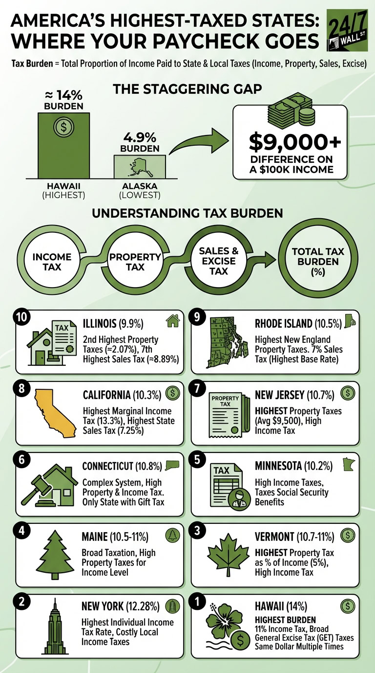 Infographic displaying the top 10 highest-taxed states in the U.S. and illustrating a $9,000+ difference in tax burden between Hawaii (14%) and Alaska (4.9%) on a $100,000 income.