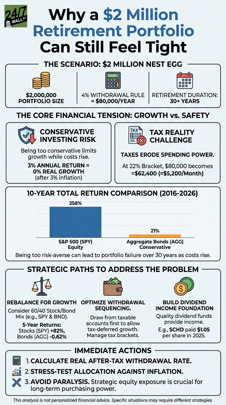 An infographic titled 'Why a $2 Million Retirement Portfolio Can Still Feel Tight.' It presents a scenario of a $2 million nest egg with a 4% withdrawal rule ($80,000/year) and a 30+ year retirement duration. It identifies conservative investing risk (3% annual return equals 0% real growth after 3% inflation) and tax reality (reducing $80,000 to ~$62,400 after 22% tax) as core financial tensions. A bar chart compares 10-year total returns (2016-2026) showing S&amp;P 500 (SPY) Equity at 258% and Aggregate Bonds (AGG) Conservative at 21%. Strategic paths to address the problem include 'Rebalance for Growth' (e.g., 60/40 stock/bond mix), 'Optimize Withdrawal Sequencing' (draw from taxable accounts first), and 'Build Dividend Income Foundation.' Immediate actions are to calculate the real after-tax withdrawal rate, stress-test allocation against inflation, and avoid paralysis by embracing strategic equity exposure.