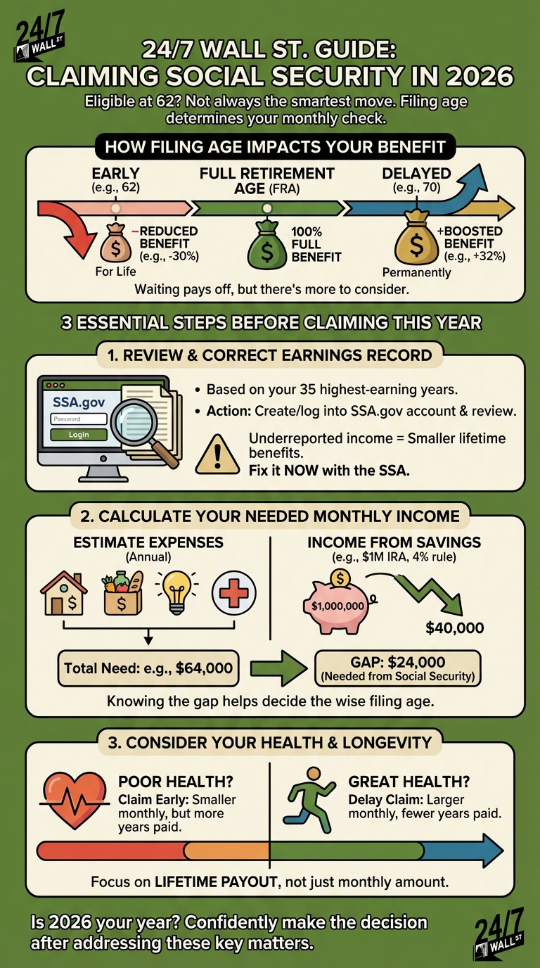An infographic illustrating a guide to claiming Social Security in 2026. It shows how claiming early, at full retirement age, or delayed impacts benefits, and details three steps for claimants: reviewing earnings, calculating financial needs, and assessing health and longevity.