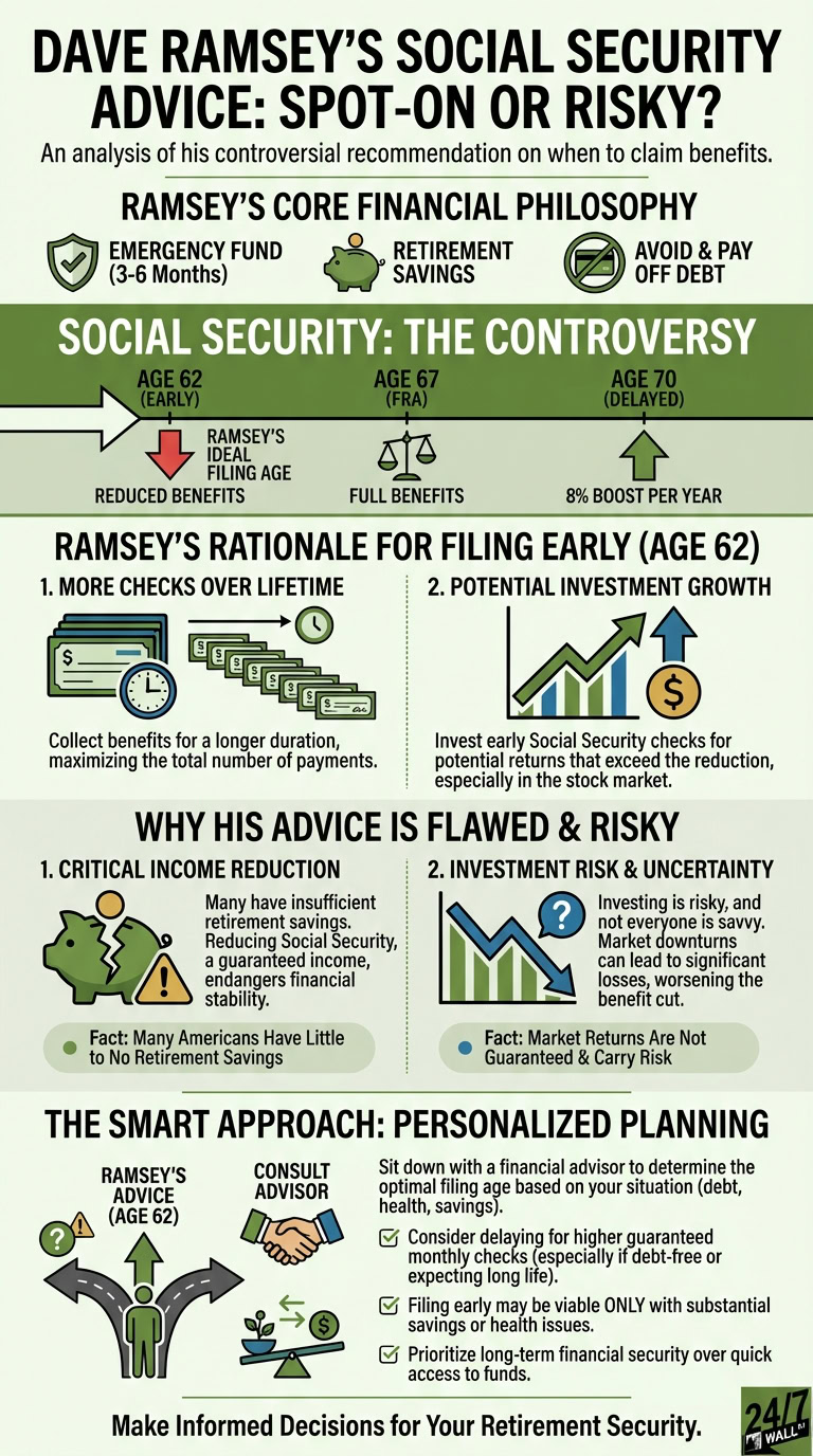 Infographic titled 'Dave Ramsey's Social Security Advice: Spot-On or Risky?' illustrating different Social Security filing ages and the pros and cons of Ramsey's recommendation to file early at age 62, contrasting it with a personalized financial planning approach.