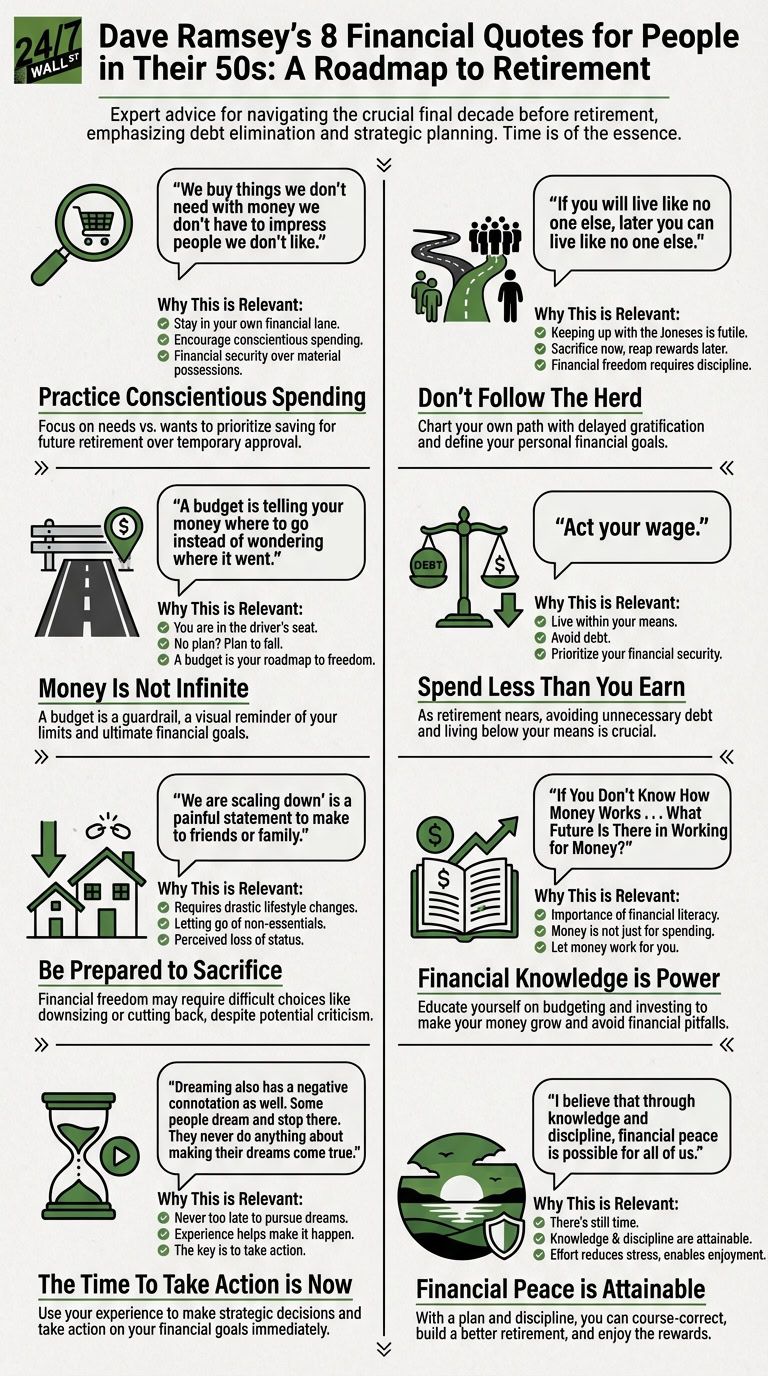 An infographic outlines Dave Ramsey's 8 financial quotes for people in their 50s, using icons and text to illustrate principles for retirement planning.