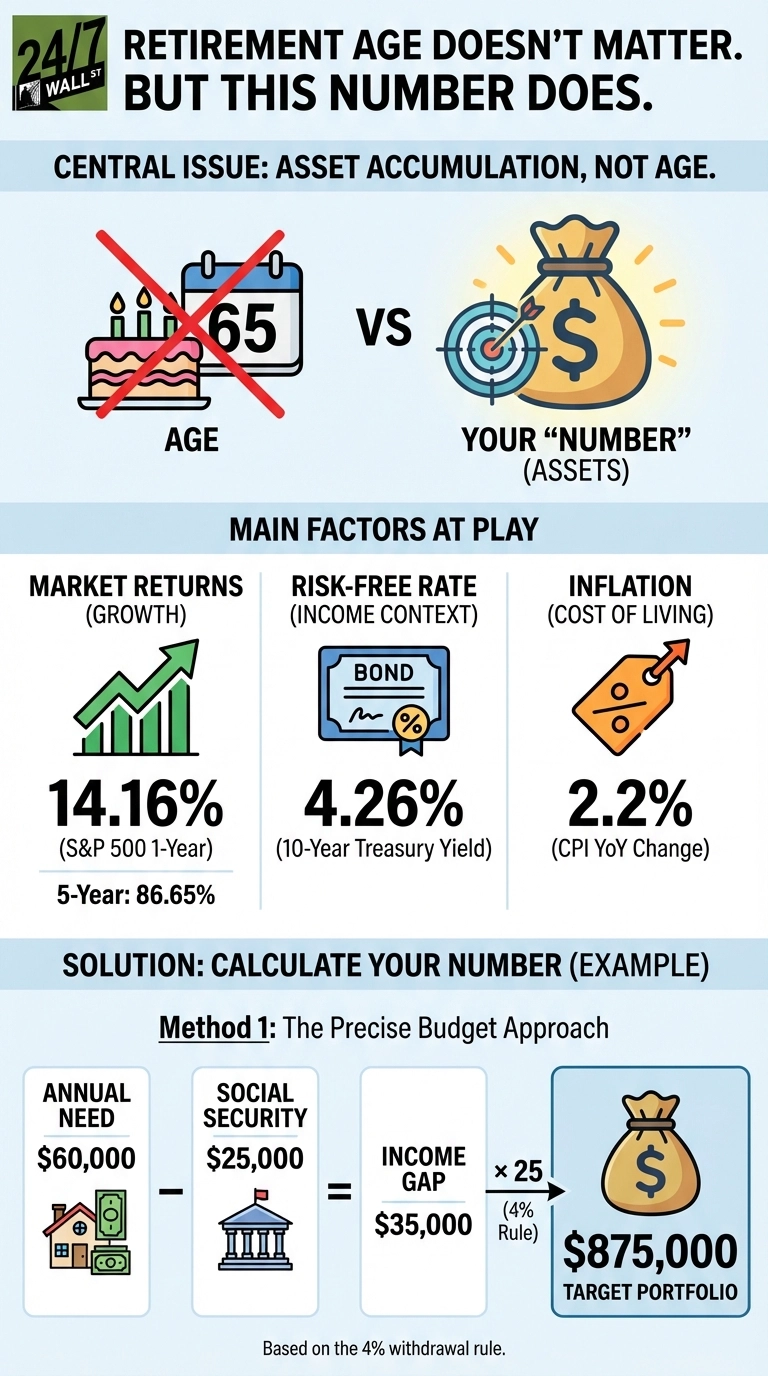 An infographic titled 'Retirement Age Doesn't Matter. But This Number Does.' It features a light blue and white color scheme. The top section, 'Central Issue: Asset Accumulation, Not Age,' visually contrasts a crossed-out calendar with '65' and a birthday cake (representing Age) against a money bag inside a target (representing 'Your Number' - Assets). The middle section, 'Main Factors at Play,' displays three data points: Market Returns (Growth) with a green upward bar chart, showing S&amp;P 500 1-Year at 14.16% and 5-Year at 86.65%; Risk-Free Rate (Income Context) with a bond icon, showing 10-Year Treasury Yield at 4.26%; and Inflation (Cost of Living) with a price tag icon, showing CPI YoY Change at 2.2%. The bottom section, 'Solution: Calculate Your Number (Example),' presents 'Method 1: The Precise Budget Approach.' It illustrates a calculation: Annual Need of $60,000 (represented by a house and cash) minus Social Security of $25,000 (represented by a government building) equals an Income Gap of $35,000. This Income Gap is multiplied by 25 (labeled '4% Rule') to arrive at a Target Portfolio of $875,000 (represented by a money bag). The infographic concludes by stating it is 'Based on the 4% withdrawal rule.'