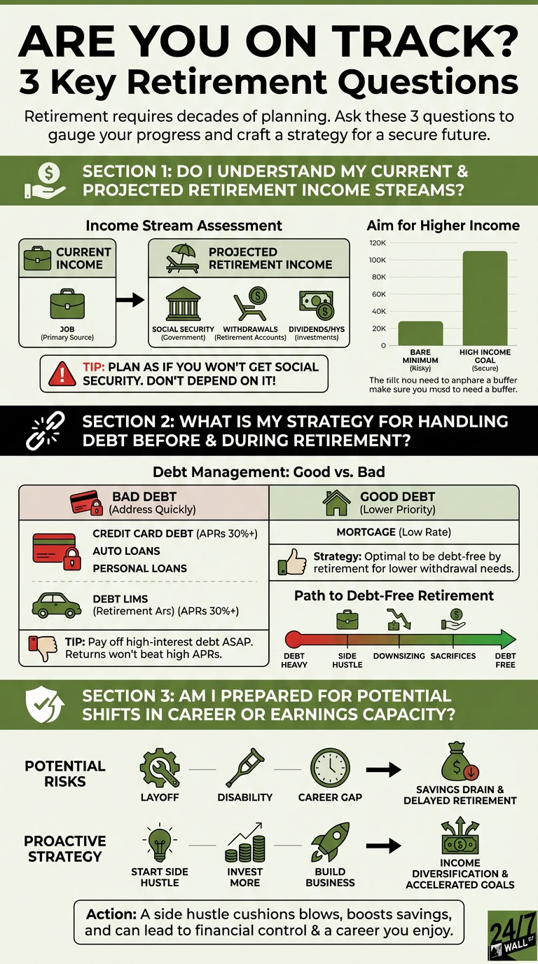 An infographic with three main sections on retirement planning: income stream assessment, debt management (good vs. bad debt, and a path to debt-free retirement), and preparing for career shifts or earnings capacity, using icons, flowcharts, and a bar graph.