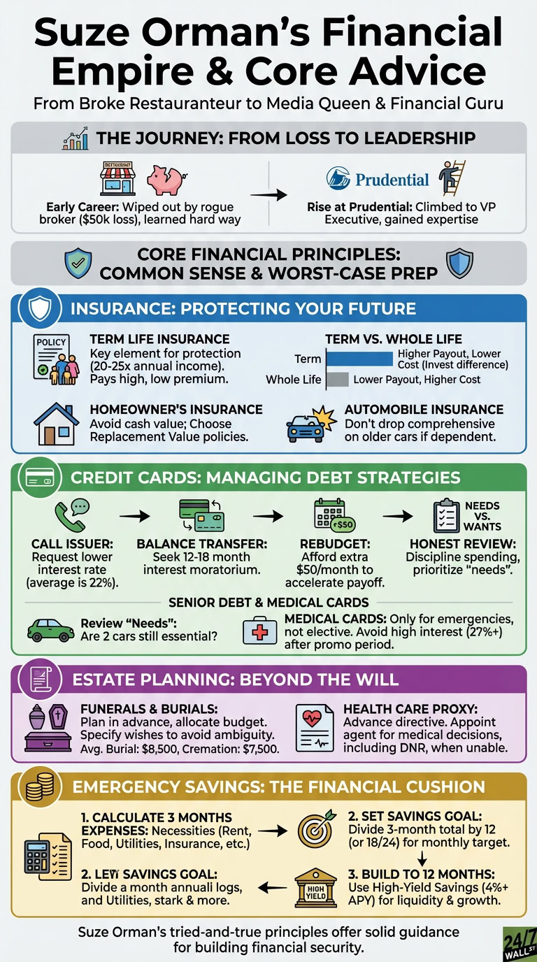 An infographic summarizing Suze Orman's financial journey and core advice, illustrated with icons. It covers insurance, credit cards, estate planning, and emergency savings.