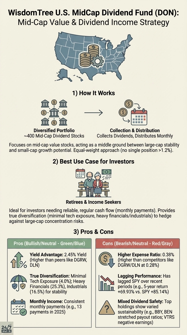 Infographic titled 'WisdomTree U.S. MidCap Dividend Fund (DON): Mid-Cap Value &amp; Dividend Income Strategy' on a light background. Section 1, 'How It Works,' illustrates a diversified portfolio of approximately 400 mid-cap dividend stocks, represented by buildings with dollar signs, flowing into a collection and distribution process shown by dollar signs falling into a calendar, emphasizing monthly distributions. Section 2, 'Best Use Case for Investors,' features an elderly couple on a bench with a calendar and money bag, identifying 'Retirees &amp; Income Seekers' as the target audience, highlighting reliable, regular cash flow and true diversification. Section 3, 'Pros &amp; Cons,' is presented in two columns: 'Pros (Bullish/Neutral - Green/Blue)' lists a 2.45% yield advantage, true diversification with minimal tech exposure (4.0%) and heavy financials (25.3%) and industrials (16.5%), and consistent monthly income (e.g., 13 payments in 2025). The 'Cons (Bearish/Neutral - Red/Gray)' column details a higher expense ratio of 0.38% (vs. competitors like DGRW/DLN at 0.28%), lagging performance (e.g., 5-year return +69.93% vs. SPY +85.14%), and mixed dividend safety with varied sustainability among top holdings.
