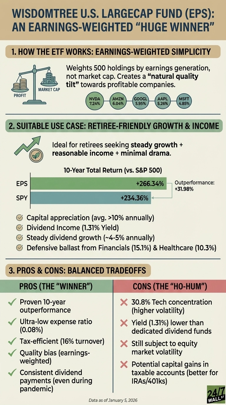 Infographic titled 'WisdomTree U.S. LargeCap Fund (EPS): An Earnings-Weighted 'Huge Winner''. It is divided into three sections. Section 1, 'How the ETF Works: Earnings-Weighted Simplicity', displays an illustration of a scale balancing 'PROFIT' (gold coins) against 'MARKET CAP' (buildings), explaining that EPS weights holdings by earnings generation. It lists top holdings: NVDA (7.24%), AMZN (6.04%), GOOGL (5.95%), AAPL (5.26%), MSFT (4.85%). Section 2, 'Suitable Use Case: Retiree-Friendly Growth &amp; Income', features a horizontal bar chart comparing 10-Year Total Return (vs. S&amp;P 500): EPS at +266.34% and SPY at +234.36%, with EPS outperforming by +31.98%. Bullet points with checkmarks list benefits: Capital appreciation (avg. >10% annually), Dividend Income (1.31% Yield), Steady dividend growth (~4-5% annually), Defensive ballast from Financials (15.1%) &amp; Healthcare (10.3%). Section 3, 'Pros &amp; Cons: Balanced Tradeoffs', is presented as a two-column table. 'Pros (The 'Winner')' include: Proven 10-year outperformance, Ultra-low expense ratio (0.08%), Tax-efficient (16% turnover), Quality bias (earnings-weighted), Consistent dividend payments. 'Cons (The 'Ho-Hum')' include: 30.8% Tech concentration (higher volatility), Yield (1.31%) lower than dedicated dividend funds, Still subject to equity market volatility, Potential capital gains in taxable accounts (better for IRAs/401ks). Data as of January 5, 2026 is at the bottom.