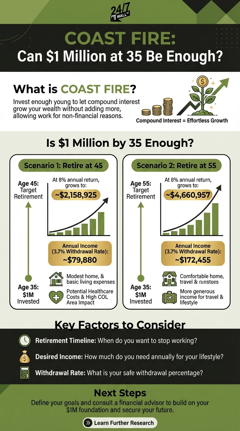 An infographic comparing two scenarios for a $1 million investment at age 35, showing how compound interest allows it to grow for retirement at age 45 versus age 55, impacting potential annual income and lifestyle.