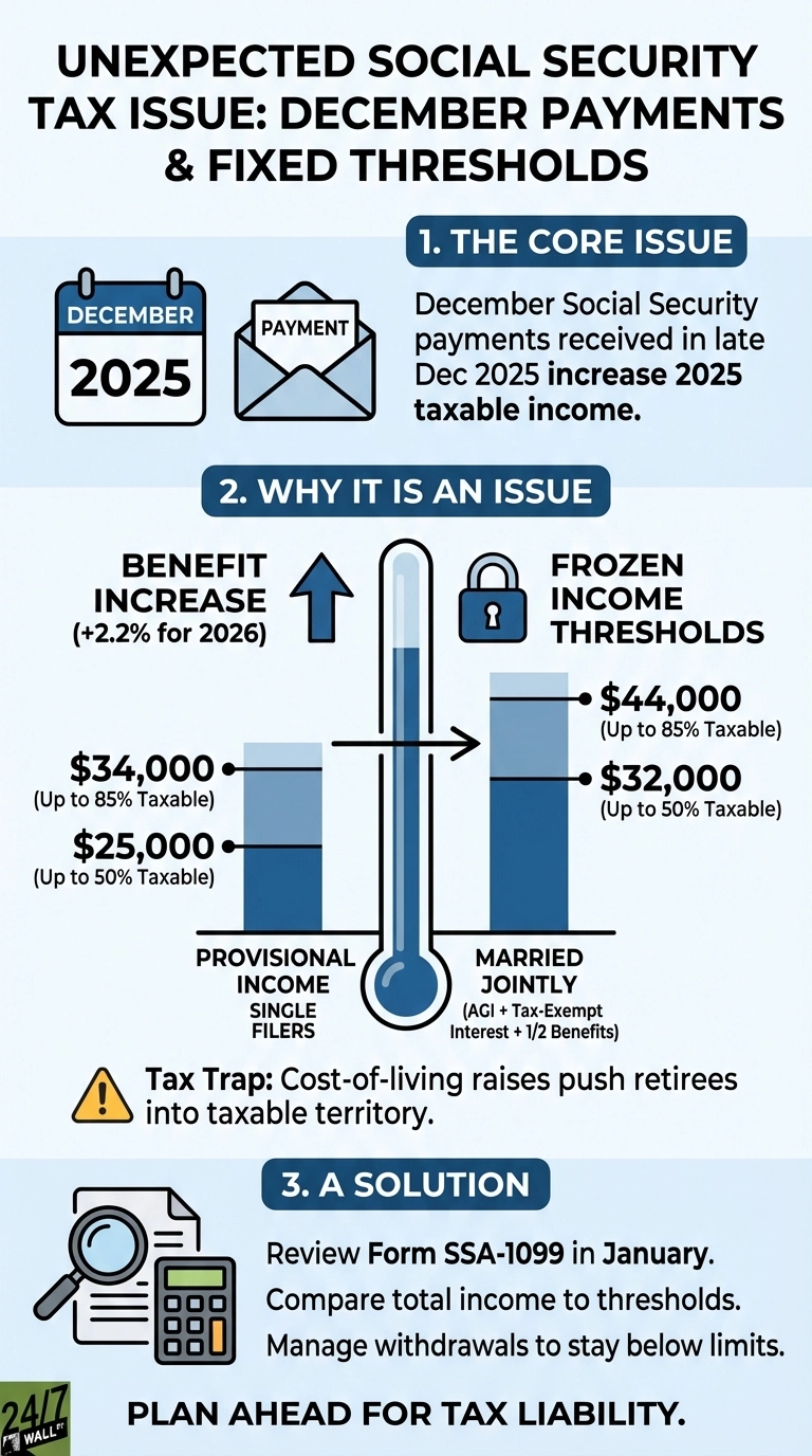 An infographic titled 'Unexpected Social Security Tax Issue: December Payments &amp; Fixed Thresholds'. Section 1, 'The Core Issue', shows a December 2025 calendar and a payment envelope, explaining that December 2025 Social Security payments received in late 2025 increase 2025 taxable income. Section 2, 'Why It Is An Issue', highlights 'Benefit Increase (+2.2% for 2026)' with an upward arrow and 'Frozen Income Thresholds' with a lock icon. A thermometer graphic points to two bar charts representing provisional income thresholds: 'Single Filers' with $25,000 (Up to 50% Taxable) and $34,000 (Up to 85% Taxable), and 'Married Jointly' with $32,000 (Up to 50% Taxable) and $44,000 (Up to 85% Taxable). A 'Tax Trap' warning states: 'Cost-of-living raises push retirees into taxable territory.' Section 3, 'A Solution', displays a magnifying glass on a document and a calculator, listing three steps: 'Review Form SSA-1099 in January.', 'Compare total income to thresholds.', and 'Manage withdrawals to stay below limits.' The infographic concludes with 'PLAN AHEAD FOR TAX LIABILITY.'