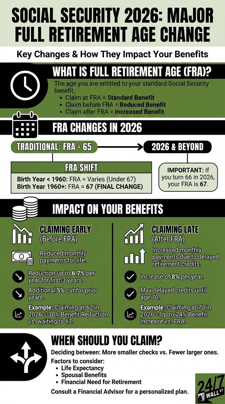 An infographic outlining Social Security's Full Retirement Age (FRA) changes for 2026, showing the FRA shifting to 67 for those born 1960 or later, and the financial impact of claiming benefits early or late.