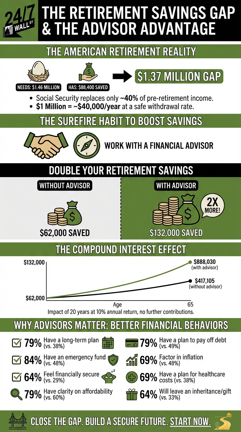 An infographic illustrating the American retirement savings gap and the benefits of working with a financial advisor, showing increased savings and improved financial behaviors.