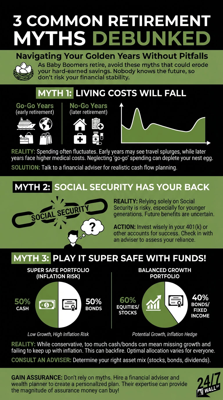 An infographic titled '3 Common Retirement Myths Debunked' displays three sections addressing retirement planning. It features visual representations of fluctuating living costs, a broken Social Security chain, and two pie charts comparing 'Super Safe' versus 'Balanced Growth' investment portfolios.