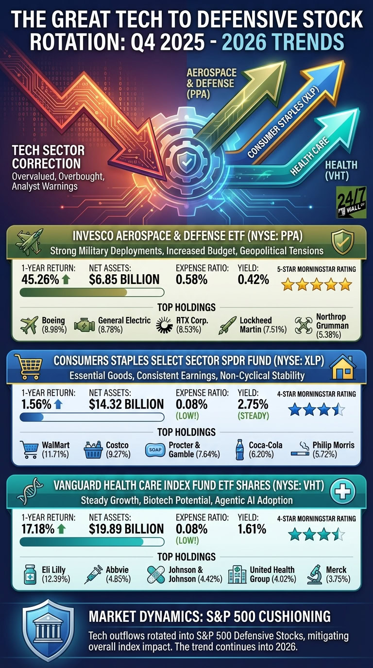 An infographic showing a downward red arrow labeled 'Tech Sector Correction' diverting into three upward green and blue arrows for Aerospace &amp; Defense, Consumer Staples, and Health Care ETFs. Below, detailed information panels for each ETF list their performance metrics and top holdings.