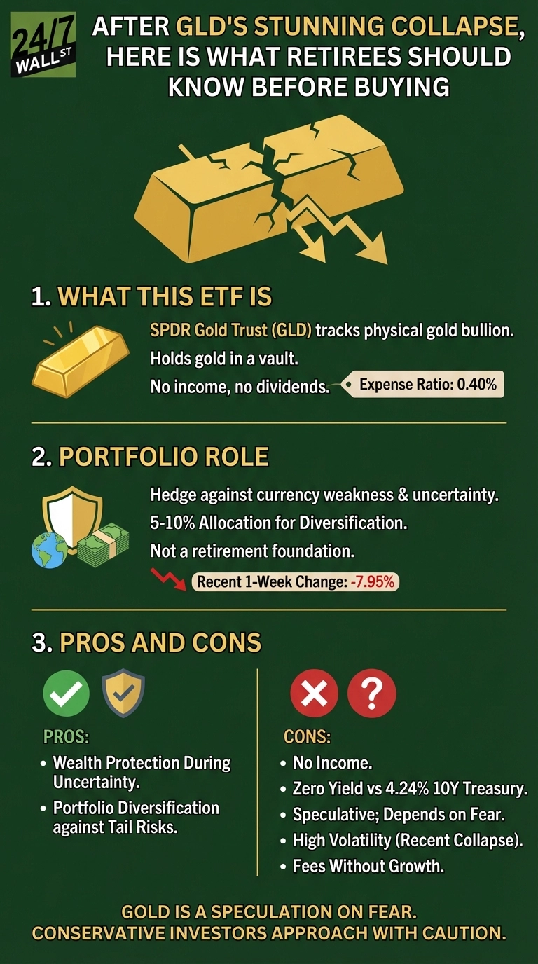 A dark green infographic titled 'AFTER GLD'S STUNNING COLLAPSE, HERE IS WHAT RETIREES SHOULD KNOW BEFORE BUYING.' It features an illustration of a shattered gold bar with downward arrows, symbolizing a market collapse. The infographic is divided into three sections. Section 1, 'WHAT THIS ETF IS,' shows a gold bar icon and states: 'SPDR Gold Trust (GLD) tracks physical gold bullion,' 'Holds gold in a vault,' 'No income, no dividends,' and 'Expense Ratio: 0.40%.' Section 2, 'PORTFOLIO ROLE,' displays icons of a shield, globe, and cash, with text: 'Hedge against currency weakness &amp; uncertainty,' '5-10% Allocation for Diversification,' 'Not a retirement foundation,' and 'Recent 1-Week Change: -7.95%' highlighted with a red downward arrow. Section 3, 'PROS AND CONS,' is presented in two columns. The 'PROS' column, marked with a green checkmark and shield icon, lists: 'Wealth Protection During Uncertainty' and 'Portfolio Diversification against Tail Risks.' The 'CONS' column, marked with a red 'X' and question mark icon, lists: 'No Income,' 'Zero Yield vs 4.24% 10Y Treasury,' 'Speculative; Depends on Fear,' 'High Volatility (Recent Collapse),' and 'Fees Without Growth.' A concluding statement at the bottom reads: 'GOLD IS A SPECULATION ON FEAR. CONSERVATIVE INVESTORS APPROACH WITH CAUTION.'