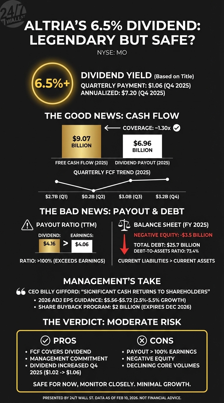 An infographic titled 'Altria's 6.5% Dividend: Legendary but Safe?' for NYSE: MO, presented on a dark background with gold and white text. It features sections on Dividend Yield (6.5%+), The Good News (Cash Flow), The Bad News (Payout &amp; Debt), Management's Take, and The Verdict (Moderate Risk). Key data points include 2025 Free Cash Flow of $9.07 billion covering $6.96 billion in dividend payout, a quarterly FCF trend for 2025 (Q1: $2.7B, Q2: $0.2B, Q3: $3.0B, Q4: $3.2B). It also shows a Payout Ratio (TTM) where Dividend ($4.16) exceeds Earnings ($4.06), and 2025 Balance Sheet details like negative equity (-$3.5 billion) and total debt ($25.7 billion). Management's 2026 adjusted EPS guidance is $5.56-$5.72, and a $2 billion share buyback program expires December 2026. Pros include FCF covering dividend, management commitment, and an increased Q4 2025 dividend, while cons are payout exceeding 100% of earnings, negative equity, and declining core volumes. The verdict states: 'SAFE FOR NOW, MONITOR CLOSELY. MINIMAL GROWTH.'