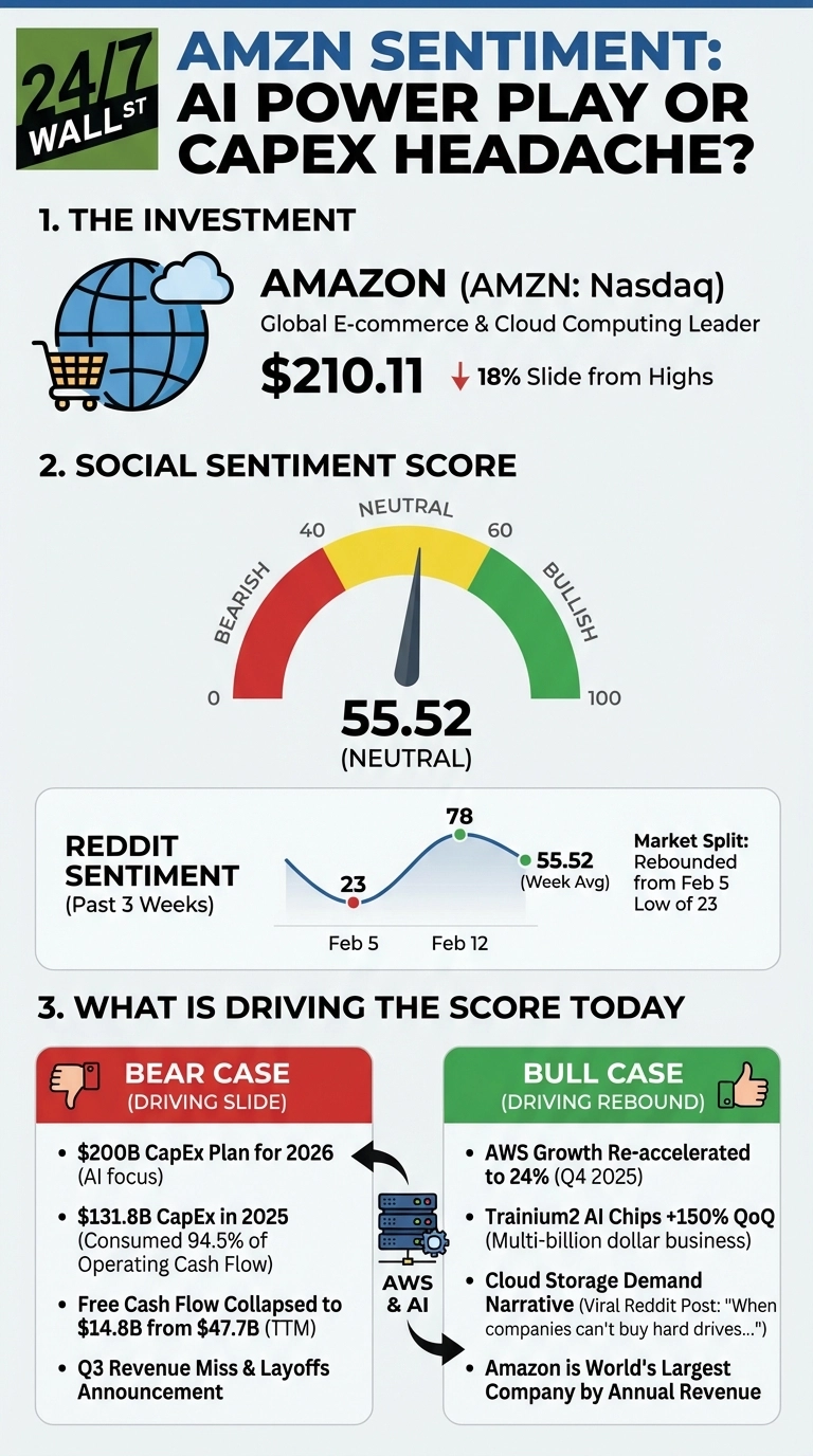 An infographic titled 'AMZN SENTIMENT: AI POWER PLAY OR CAPEX HEADACHE?'. It presents Amazon's current stock price at $210.11, reflecting an 18% slide from its highs. A social sentiment gauge shows 55.52, labeled as 'NEUTRAL', on a scale from 0 (Bearish) to 100 (Bullish). A line graph for Reddit sentiment over three weeks in February 2026 shows a low of 23 on February 5, a peak of 78 on February 12, and a week average of 55.52, indicating a rebound from the February 5 low. The infographic then lists factors driving the score. The 'BEAR CASE (DRIVING SLIDE)', marked with a thumbs down icon, includes: '$200B CapEx Plan for 2026 (AI focus)', '$131.8B CapEx in 2025 (Consumed 94.5% of Operating Cash Flow)', 'Free Cash Flow Collapsed to $14.8B from $47.7B (TTM)', and 'Q3 Revenue Miss &amp; Layoffs Announcement'. The 'BULL CASE (DRIVING REBOUND)', marked with a thumbs up icon, includes: 'AWS Growth Re-accelerated to 24% (Q4 2025)', 'Trainium2 AI Chips +150% QoQ (Multi-billion dollar business)', 'Cloud Storage Demand Narrative (Viral Reddit Post: 