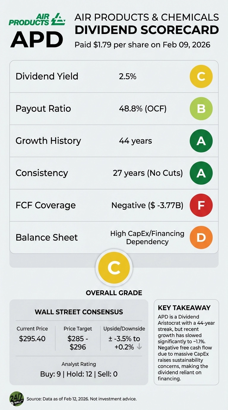 An infographic for Air Products &amp; Chemicals (APD) titled 'AIR PRODUCTS &amp; CHEMICALS DIVIDEND SCORECARD'. The top features the company logo and ticker APD, stating a $1.79 dividend was paid per share on February 09, 2026. A scorecard table lists six metrics with their values and letter grades: Dividend Yield 2.5% (C), Payout Ratio 48.8% (OCF) (B), Growth History 44 years (A), Consistency 27 years (No Cuts) (A), FCF Coverage Negative ($ -3.77B) (F), and Balance Sheet High CapEx/Financing Dependency (D). An overall grade of 'C' is prominently displayed. Below, a 'WALL STREET CONSENSUS' section shows Current Price $295.40, Price Target $285 - $296, Upside/Downside ± -3.5% to +0.2%, and Analyst Rating: Buy 9 | Hold 12 | Sell 0. A 'KEY TAKEAWAY' box explains APD is a Dividend Aristocrat with a 44-year streak, but growth has slowed, and negative free cash flow due to CapEx raises sustainability concerns, making the dividend reliant on financing. The source states 'Data as of Feb 12, 2026'.