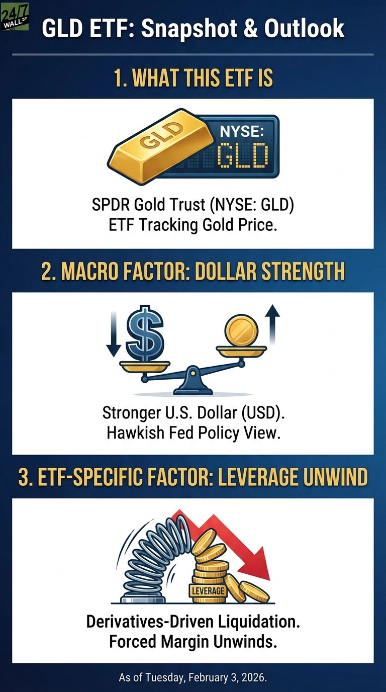 An infographic titled 'GLD ETF: Snapshot &amp; Outlook' on a dark blue background. It is divided into three sections with white backgrounds and a footer. Section 1, 'WHAT THIS ETF IS', shows a gold bar labeled 'GLD' next to a digital display showing 'NYSE: GLD'. Text below reads: 'SPDR Gold Trust (NYSE: GLD) ETF Tracking Gold Price.' Section 2, 'MACRO FACTOR: DOLLAR STRENGTH', displays a balance scale with a dollar sign on the left, an arrow pointing down, and a gold coin on the right, an arrow pointing up. Text below reads: 'Stronger U.S. Dollar (USD). Hawkish Fed Policy View.' Section 3, 'ETF-SPECIFIC FACTOR: LEVERAGE UNWIND', shows a spring pushing down on a stack of gold coins labeled 'LEVERAGE', with a large red downward arrow behind them. Text below reads: 'Derivatives-Driven Liquidation. Forced Margin Unwinds.' The footer states: 'As of Tuesday, February 3, 2026.'