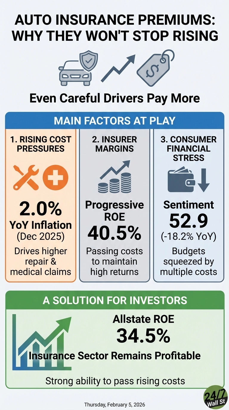 An infographic titled 'AUTO INSURANCE PREMIUMS: WHY THEY WON'T STOP RISING' with a subtitle 'Even Careful Drivers Pay More'. It features an icon of a car with a shield, an upward trend arrow, and a price tag. The main section is divided into three columns: '1. RISING COST PRESSURES' with a wrench and cross icon, showing '2.0% YoY Inflation (Dec 2025)' and 'Drives higher repair &amp; medical claims'. '2. INSURER MARGINS' with a stacked coins and upward arrow icon, showing 'Progressive ROE 40.5%' and 'Passing costs to maintain high returns'. '3. CONSUMER FINANCIAL STRESS' with a wallet and downward arrow icon, showing 'Sentiment 52.9 (-18.2% YoY)' and 'Budgets squeezed by multiple costs'. Below this, a green section titled 'A SOLUTION FOR INVESTORS' displays a rising bar chart icon, stating 'Allstate ROE 34.5%' and 'Insurance Sector Remains Profitable' with 'Strong ability to pass rising costs'. The bottom includes the date 'Thursday, February 5, 2026' and a '24/7 Wall St' logo.