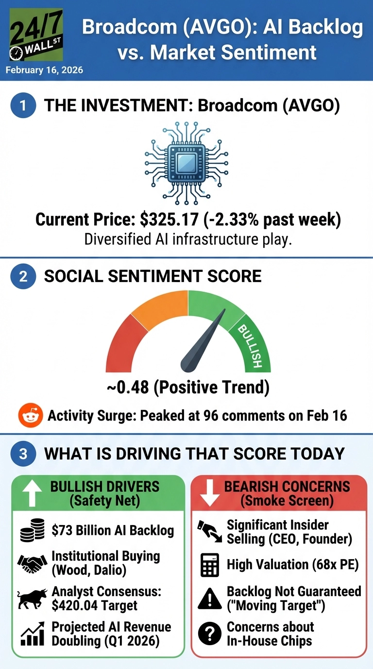 An infographic titled 'Broadcom (AVGO): AI Backlog vs. Market Sentiment' dated February 16, 2026. Section 1, 'The Investment: Broadcom (AVGO)', displays a microchip illustration and states the current price as $325.17, down 2.33% past week, describing it as a 'Diversified AI infrastructure play'. Section 2, 'Social Sentiment Score', shows a gauge pointing to 'Bullish' with a score of ~0.48 (Positive Trend), noting a Reddit activity surge peaked at 96 comments on Feb 16. Section 3, 'What Is Driving That Score Today', is divided into 'Bullish Drivers (Safety Net)' in green and 'Bearish Concerns (Smoke Screen)' in red. Bullish drivers include a '$73 Billion AI Backlog', 'Institutional Buying (Wood, Dalio)', 'Analyst Consensus: $420.04 Target', and 'Projected AI Revenue Doubling (Q1 2026)'. Bearish concerns list 'Significant Insider Selling (CEO, Founder)', 'High Valuation (68x PE)', 'Backlog Not Guaranteed (