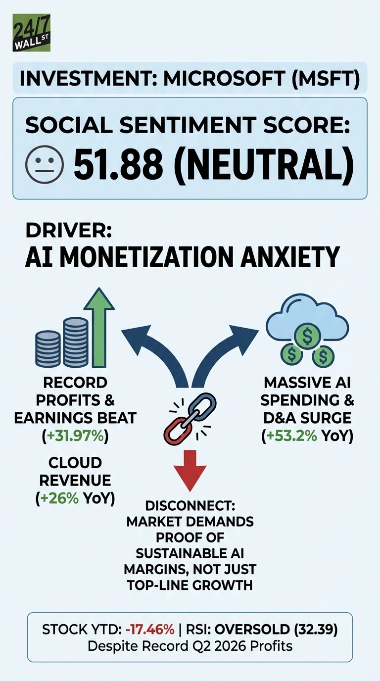 An infographic titled 'INVESTMENT: MICROSOFT (MSFT)' on a light blue background. A prominent section shows 'SOCIAL SENTIMENT SCORE: 51.88 (NEUTRAL)' with a neutral face icon. Below, 'DRIVER: AI MONETIZATION ANXIETY' is displayed. Two curved arrows point towards a broken chain icon, representing a 'DISCONNECT'. On the left, a stack of coins with a green upward arrow represents 'RECORD PROFITS &amp; EARNINGS BEAT (+31.97%)' and 'CLOUD REVENUE (+26% YoY)'. On the right, a cloud with dollar signs and a blue arrow depicts 'MASSIVE AI SPENDING &amp; D&amp;A SURGE (+53.2% YoY)'. Below the broken chain, text states 'MARKET DEMANDS PROOF OF SUSTAINABLE AI MARGINS, NOT JUST TOP-LINE GROWTH'. A final white box at the bottom reads 'STOCK YTD: -17.46% | RSI: OVERSOLD (32.39) Despite Record Q2 2026 Profits'. The top left corner features the '24/7 WALL ST' logo.