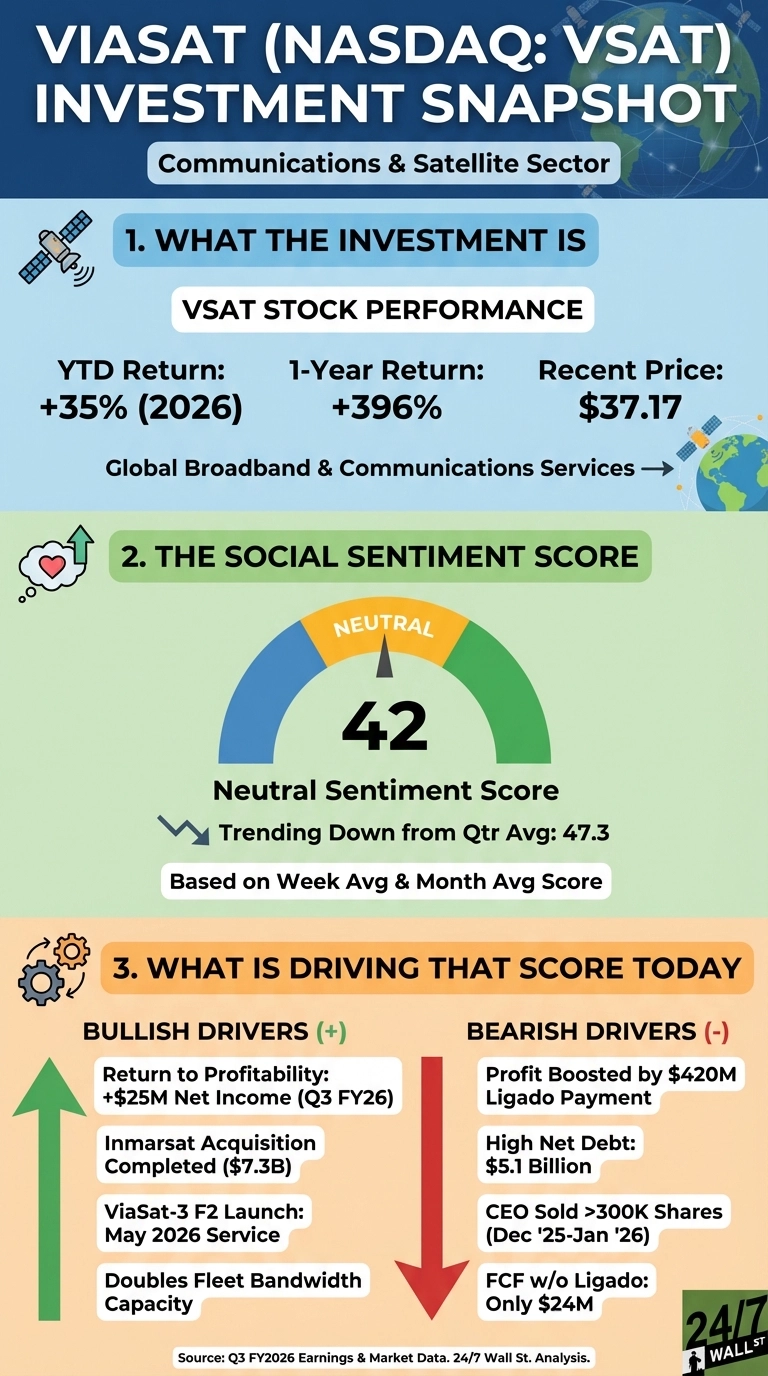 An infographic titled 'Viasat (NASDAQ: VSAT) Investment Snapshot' for the Communications &amp; Satellite Sector. Section 1, 'What the Investment Is', shows VSAT Stock Performance: YTD Return: +35% (2026), 1-Year Return: +396%, Recent Price: $37.17. It also mentions 'Global Broadband &amp; Communications Services'. Section 2, 'The Social Sentiment Score', displays a gauge with a needle pointing to 'NEUTRAL' and a score of 42. Below it, text reads 'Neutral Sentiment Score' and 'Trending Down from Qtr Avg: 47.3', based on week and month average score. Section 3, 'What Is Driving That Score Today', presents 'Bullish Drivers (+)' with a green upward arrow and 'Bearish Drivers (-)' with a red downward arrow. Bullish drivers are listed as: Return to Profitability: +$25M Net Income (Q3 FY26), Inmarsat Acquisition Completed ($7.3B), ViaSat-3 F2 Launch: May 2026 Service, Doubles Fleet Bandwidth Capacity. Bearish drivers are listed as: Profit Boosted by $420M Ligado Payment, High Net Debt: $5.1 Billion, CEO Sold >300K Shares (Dec '25-Jan '26), FCF w/o Ligado: Only $24M. The bottom notes 'Source: Q3 FY2026 Earnings &amp; Market Data. 24/7 Wall St. Analysis.'