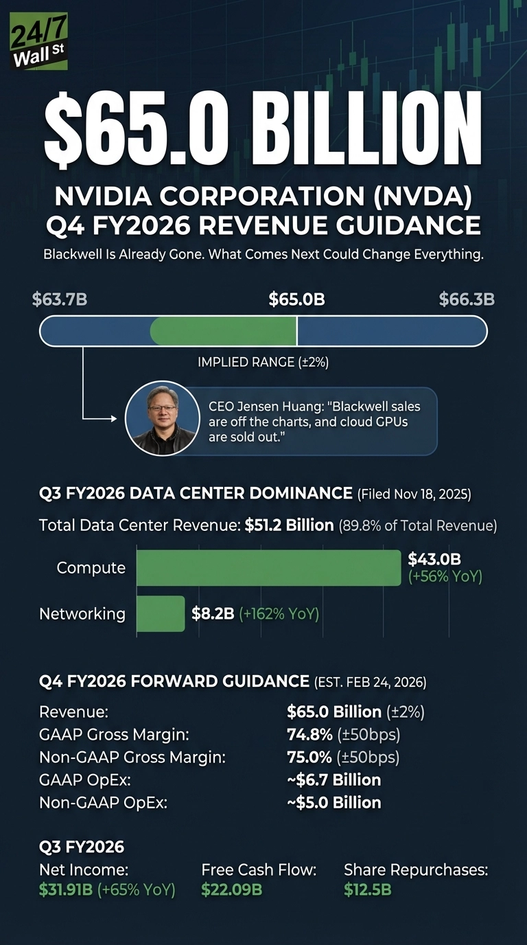 An infographic displaying NVIDIA Corporation's Q4 FY2026 revenue guidance and Q3 FY2026 financial highlights. The title states '$65.0 BILLION NVIDIA CORPORATION (NVDA) Q4 FY2026 REVENUE GUIDANCE.' A horizontal bar chart shows an implied revenue range of $63.7B to $66.3B, centered on $65.0B. A circular inset image of CEO Jensen Huang is next to a quote stating, 'Blackwell sales are off the charts, and cloud GPUs are sold out.' Below, Q3 FY2026 Data Center Dominance is presented with a horizontal bar chart showing Total Data Center Revenue of $51.2 Billion (89.8% of Total Revenue), split into Compute ($43.0B, +56% YoY) and Networking ($8.2B, +162% YoY). Q4 FY2026 Forward Guidance, estimated February 24, 2026, lists Revenue at $65.0 Billion (±2%), GAAP Gross Margin 74.8% (±50bps), Non-GAAP Gross Margin 75.0% (±50bps), GAAP OpEx ~$6.7 Billion, and Non-GAAP OpEx ~$5.0 Billion. Q3 FY2026 financials, filed November 18, 2025, include Net Income $31.91B (+65% YoY), Free Cash Flow $22.09B, and Share Repurchases $12.5B. The background is dark blue with a subtle grid pattern and green stock chart graphic.