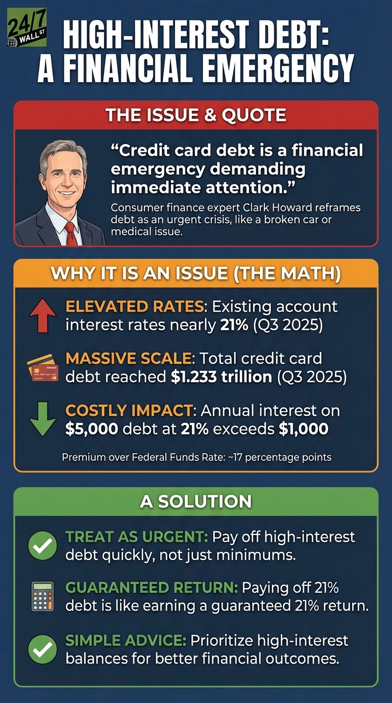 An infographic titled 'HIGH-INTEREST DEBT: A FINANCIAL EMERGENCY' with a '24/7 WALL ST' logo. It's divided into three main sections. The first section, 'THE ISSUE &amp; QUOTE' (red bar), features a cartoon image of consumer finance expert Clark Howard and his quote: 'Credit card debt is a financial emergency demanding immediate attention.' Below this, text explains Clark Howard reframes debt as an urgent crisis. The second section, 'WHY IT IS AN ISSUE (THE MATH)' (orange bar), details three points: 1. An upward arrow icon with 'ELEVATED RATES: Existing account interest rates nearly 21% (Q3 2025)'. 2. A credit card stack icon with 'MASSIVE SCALE: Total credit card debt reached $1.233 trillion (Q3 2025)'. 3. A downward arrow icon with 'COSTLY IMPACT: Annual interest on $5,000 debt at 21% exceeds $1,000'. Below these, smaller text reads: 'Premium over Federal Funds Rate: ~17 percentage points'. The third section, 'A SOLUTION' (green bar), provides three pieces of advice: 1. A checkmark icon with 'TREAT AS URGENT: Pay off high-interest debt quickly, not just minimums.' 2. A calculator icon with 'GUARANTEED RETURN: Paying off 21% debt is like earning a guaranteed 21% return.' 3. A checkmark icon with 'SIMPLE ADVICE: Prioritize high-interest balances for better financial outcomes.' The infographic uses a dark blue background with white text, and red, orange, and green sections.