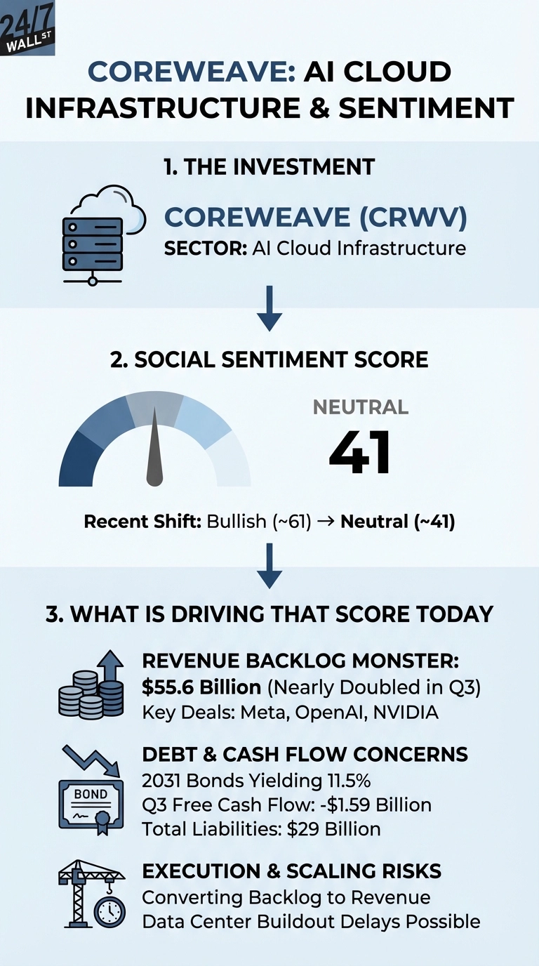 An infographic titled 'COREWEAVE: AI CLOUD INFRASTRUCTURE &amp; SENTIMENT' presented in three sections. Section 1, 'THE INVESTMENT', shows a cloud server icon and text identifying COREWEAVE (CRWV) in the AI Cloud Infrastructure sector. Section 2, 'SOCIAL SENTIMENT SCORE', features a gauge showing a neutral score of 41, indicating a shift from Bullish (~61) to Neutral (~41). Section 3, 'WHAT IS DRIVING THAT SCORE TODAY', lists three factors with icons: 'REVENUE BACKLOG MONSTER' ($55.6 Billion, Meta, OpenAI, NVIDIA deals) with a stack of coins and upward arrow; 'DEBT &amp; CASH FLOW CONCERNS' (2031 Bonds 11.5%, -$1.59 Billion Q3 Free Cash Flow, $29 Billion Total Liabilities) with a bond certificate and downward arrow; and 'EXECUTION &amp; SCALING RISKS' (Converting Backlog to Revenue, Data Center Buildout Delays Possible) with a crane and clock icon. The infographic uses a color scheme of dark blue, light blue, gray, and white.