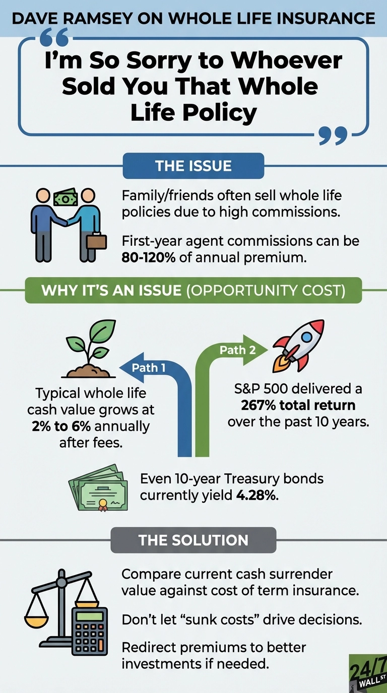 An infographic titled 'Dave Ramsey on Whole Life Insurance' featuring the quote 'I'm So Sorry to Whoever Sold You That Whole Life Policy'. It is structured into three sections: 'THE ISSUE', 'WHY IT'S AN ISSUE (OPPORTUNITY COST)', and 'THE SOLUTION'. The issue section describes high commissions (80-120% first-year) for whole life policies, often sold by family/friends. The opportunity cost section compares two paths: 'Path 1' shows typical whole life cash value growing at 2% to 6% annually (represented by a plant icon), while 'Path 2' highlights the S&amp;P 500's 267% total return over the past 10 years (represented by a rocket icon). It also notes that 10-year Treasury bonds currently yield 4.28% (represented by money and a bond certificate). The solution section advises comparing current cash surrender value against the cost of term insurance, not letting 'sunk costs' drive decisions, and redirecting premiums to better investments if needed (represented by a scale and calculator icon). The infographic has a clean, graphic design with blue and green accents.