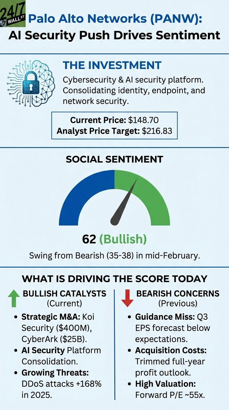 An infographic titled 'Palo Alto Networks (PANW): AI Security Push Drives Sentiment'. It features a section 'THE INVESTMENT' with an icon of a padlock intertwined with a brain and circuit, describing Cybersecurity &amp; AI security platform consolidation. It lists 'Current Price: $148.70' and 'Analyst Price Target: $216.83'. A 'SOCIAL SENTIMENT' gauge chart shows a reading of '62 (Bullish)', with a note 'Swing from Bearish (35-38) in mid-February'. Below this, 'WHAT IS DRIVING THE SCORE TODAY' is divided into 'BULLISH CATALYSTS (Current)' with a green upward arrow and 'BEARISH CONCERNS (Previous)' with a red downward arrow. Bullish catalysts include 'Strategic M&amp;A: Koi Security ($400M), CyberArk ($25B)', 'AI Security Platform Consolidation', and 'Growing Threats: DDoS attacks +168% in 2025'. Bearish concerns include 'Guidance Miss: Q3 EPS forecast below expectations', 'Acquisition Costs: Trimmed full-year profit outlook', and 'High Valuation: Forward P/E ~55x'. The infographic uses a light blue background with black text and green and blue accents for the gauge.
