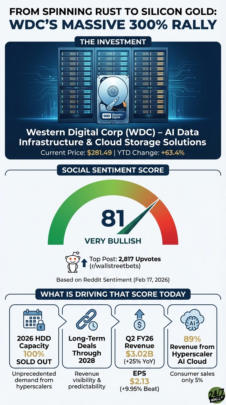 An infographic titled 'FROM SPINNING RUST TO SILICON GOLD: WDC'S MASSIVE 300% RALLY' details Western Digital's performance. The 'Investment' section features server racks and a hard drive, stating Western Digital (WDC) is an AI Data Infrastructure &amp; Cloud Storage Solutions provider, with a current price of $281.49 and YTD change of +63.4%. The 'Social Sentiment Score' section displays a gauge with a needle at 81, marked 'VERY BULLISH', citing a Reddit 'Top Post' with 2,817 upvotes from r/wallstreetbets, dated February 17, 2026. The 'What Is Driving That Score Today' section outlines four key drivers: 2026 HDD capacity 100% sold out due to hyperscaler demand; long-term deals through 2028 for revenue visibility; Q2 FY26 revenue of $3.02B (+25% YoY) and EPS of $2.13 (+9.95% Beat); and 89% revenue from hyperscaler AI Cloud, with consumer sales only 5%.