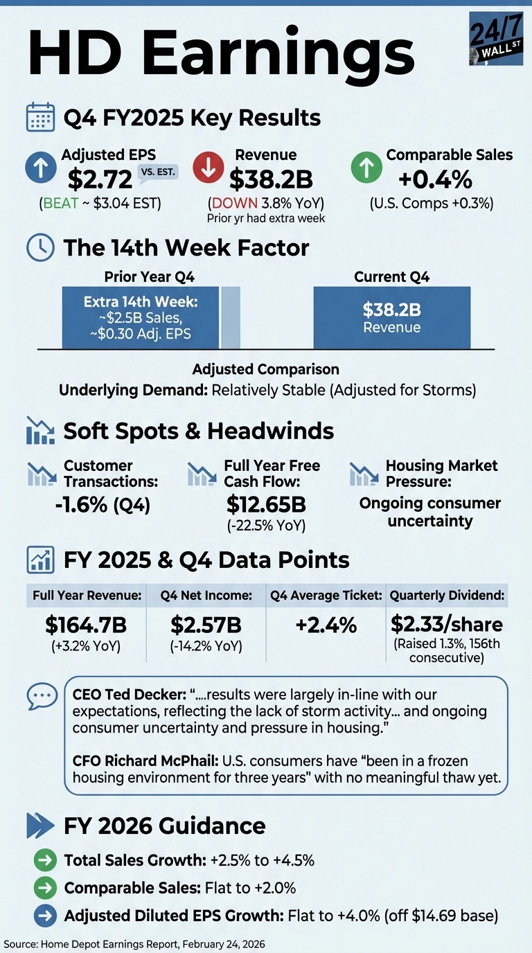 An infographic titled 'HD Earnings' with a blue background and white text. It presents Home Depot's Q4 FY2025 financial results and FY2026 guidance, divided into five main sections. 'Q4 FY2025 Key Results' shows Adjusted EPS of $2.72 (up, beat $3.04 EST), Revenue of $38.2B (down 3.8% YoY), and Comparable Sales up +0.4%. 'The 14th Week Factor' section includes a bar chart illustrating the impact of an extra 14th week in the prior year's Q4 on sales and EPS, with Current Q4 Revenue at $38.2B. 'Soft Spots &amp; Headwinds' lists Customer Transactions down -1.6% (Q4), Full Year Free Cash Flow at $12.65B (-22.5% YoY), and Housing Market Pressure due to ongoing consumer uncertainty. 'FY 2025 &amp; Q4 Data Points' includes Full Year Revenue $164.7B (+3.2% YoY), Q4 Net Income $2.57B (-14.2% YoY), Q4 Average Ticket +2.4%, and Quarterly Dividend $2.33/share (raised 1.3%). This section also features quotes from CEO Ted Decker and CFO Richard McPhail. Finally, 'FY 2026 Guidance' outlines Total Sales Growth +2.5% to +4.5%, Comparable Sales Flat to +2.0%, and Adjusted Diluted EPS Growth Flat to +4.0% (off $14.69 base). The source is 'Home Depot Earnings Report, February 24, 2026'.