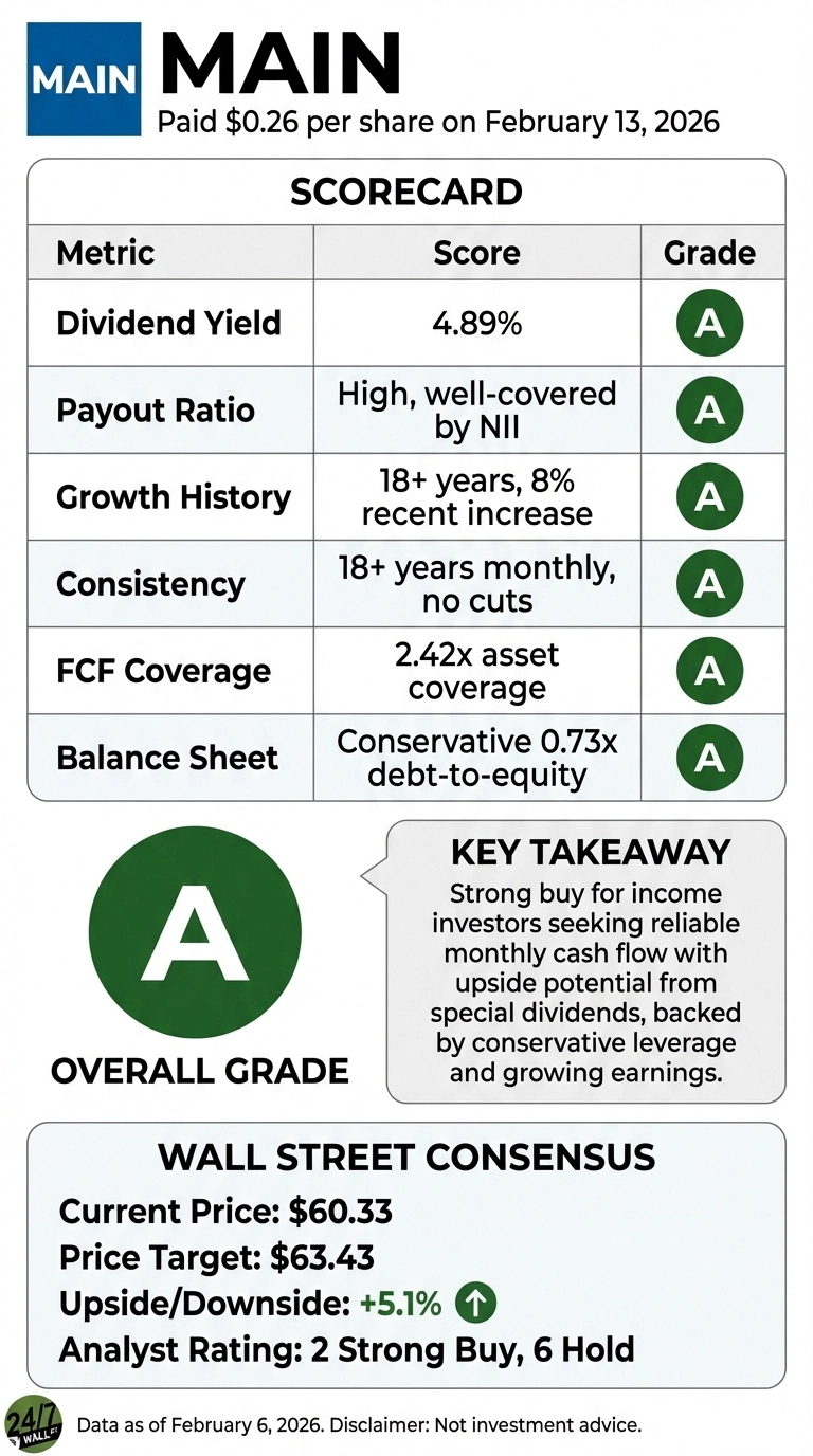 An infographic titled 'MAIN' with the subtitle 'Paid $0.26 per share on February 13, 2026'. It features a 'SCORECARD' table with three columns: Metric, Score, and Grade. Rows include: Dividend Yield (4.89%, Grade A), Payout Ratio (High, well-covered by NII, Grade A), Growth History (18+ years, 8% recent increase, Grade A), Consistency (18+ years monthly, no cuts, Grade A), FCF Coverage (2.42x asset coverage, Grade A), and Balance Sheet (Conservative 0.73x debt-to-equity, Grade A). Below the scorecard, a large green circle displays 'A' for 'OVERALL GRADE'. A callout box labeled 'KEY TAKEAWAY' states: 'Strong buy for income investors seeking reliable monthly cash flow with upside potential from special dividends, backed by conservative leverage and growing earnings.' The 'WALL STREET CONSENSUS' section shows: Current Price: $60.33, Price Target: $63.43, Upside/Downside: +5.1% with an green upward arrow, and Analyst Rating: 2 Strong Buy, 6 Hold. The bottom of the graphic includes 'Data as of February 6, 2026. Disclaimer: Not investment advice.'