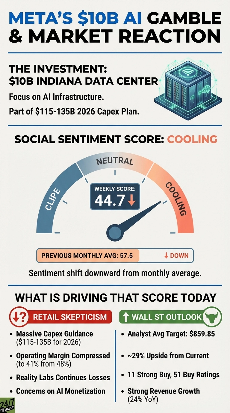 An infographic titled 'Meta's $10B AI Gamble &amp; Market Reaction' with a blue and black color scheme. It presents information in three main sections. The first section, 'The Investment,' details Meta's $10B Indiana data center focusing on AI infrastructure, part of its $115-135B 2026 Capex Plan, illustrated by a blue server graphic. The second section, 'Social Sentiment Score,' features a gauge showing 'Cooling' sentiment with a weekly score of 44.7, down from a previous monthly average of 57.5, indicating a downward shift. The third section, 'What is Driving That Score Today,' is split into two columns: 'Retail Skepticism' highlighted in red with a down arrow, listing bullet points on massive Capex guidance, compressed operating margins, Reality Labs losses, and AI monetization concerns. The second column, 'Wall St Outlook,' highlighted in green with an upward-pointing bull icon, lists bullet points on an analyst average target of $859.85, approximately 29% upside, 11 strong buy and 51 buy ratings, and strong revenue growth of 24% YoY.