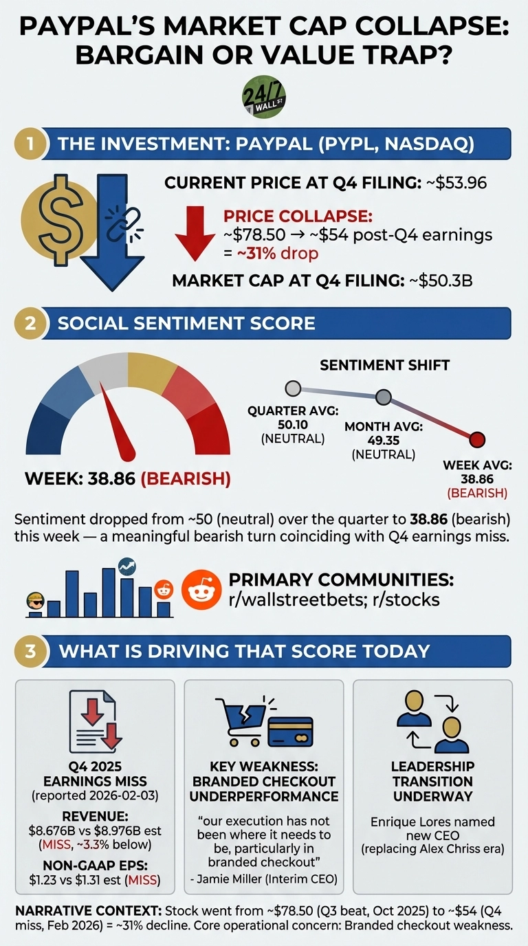 An infographic titled 'PAYPAL'S MARKET CAP COLLAPSE: BARGAIN OR VALUE TRAP?' details the investment in PayPal (PYPL, NASDAQ), its social sentiment score, and drivers of that score. The investment section shows a dollar sign and a broken blue down arrow, indicating a ~31% price collapse from ~$78.50 to ~$54 post-Q4 earnings, with a market cap of ~$50.3 billion at Q4 filing. The social sentiment section features a semi-circular gauge displaying a red needle pointing to 'WEEK: 38.86 (BEARISH)', with a line graph illustrating a sentiment shift from neutral (Quarter Avg 50.10) to bearish (Week Avg 38.86). Primary communities listed are r/wallstreetbets and r/stocks. The driving factors section outlines a Q4 2025 earnings miss (reported Feb 3, 2026) with missed revenue and Non-GAAP EPS estimates, key weakness in branded checkout performance (represented by a broken shopping cart and credit card), and a leadership transition underway (represented by two figures with exchange arrows) with Enrique Lores named new CEO.
