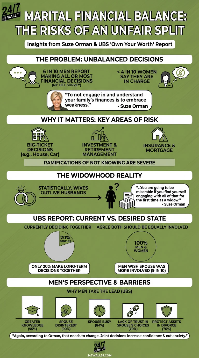 A detailed infographic on marital financial balance featuring statistics, quotes from Suze Orman, and charts showing that while most couples agree on equal involvement, only 20% actually decide together.