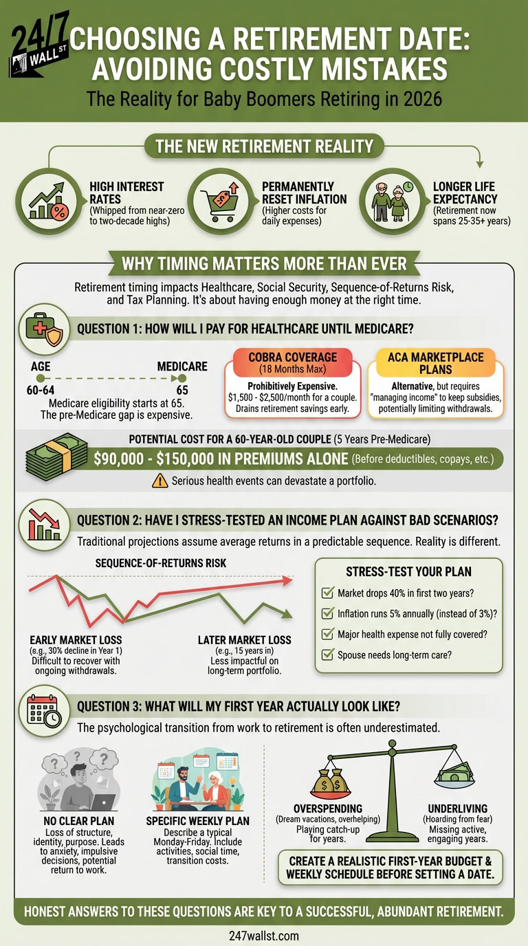 A detailed infographic titled Choosing a Retirement Date, featuring sections on healthcare costs, market stress-testing, and psychological transitions with charts and icons.